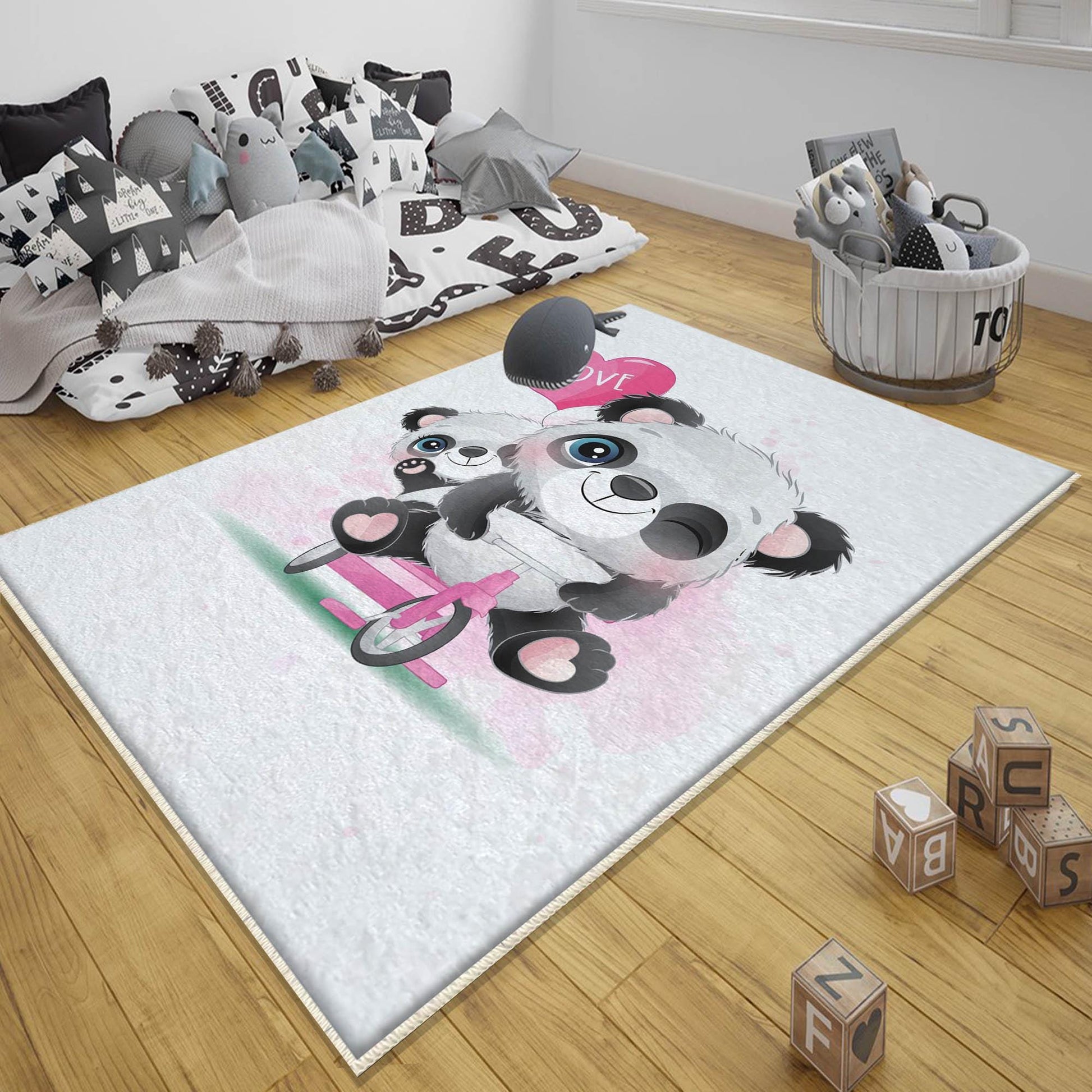 Round Panda Pink Bicycle Kids Baby Nursery Room Rug, Animal Rug Gift For Girl Kid, Kids Room Gift, Kids Room Decor with pillow case gift