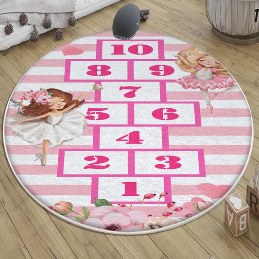 Pink Hopscotch Ballerina Girls Kids Room Rug, Cute Playground Rug Gift For Kid, Girl Kids Room Gift, Kids Room Decor with pillow case gift