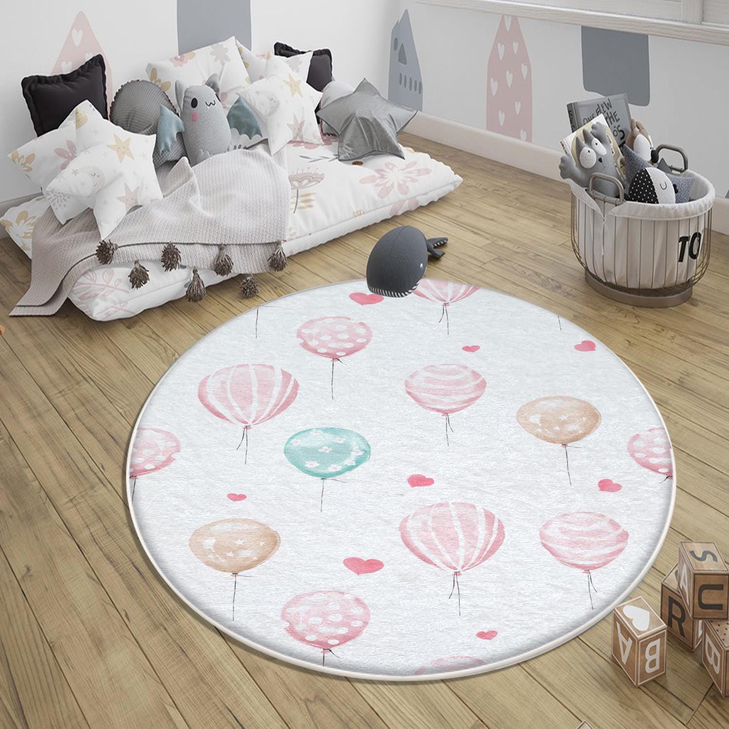 Round Colorful Pink Hearts Balloons Girls Nursery Room Rug, Cute Rug Gift For Kid, Girl Baby Room Gift, Kid Room Decor with pillow case gift