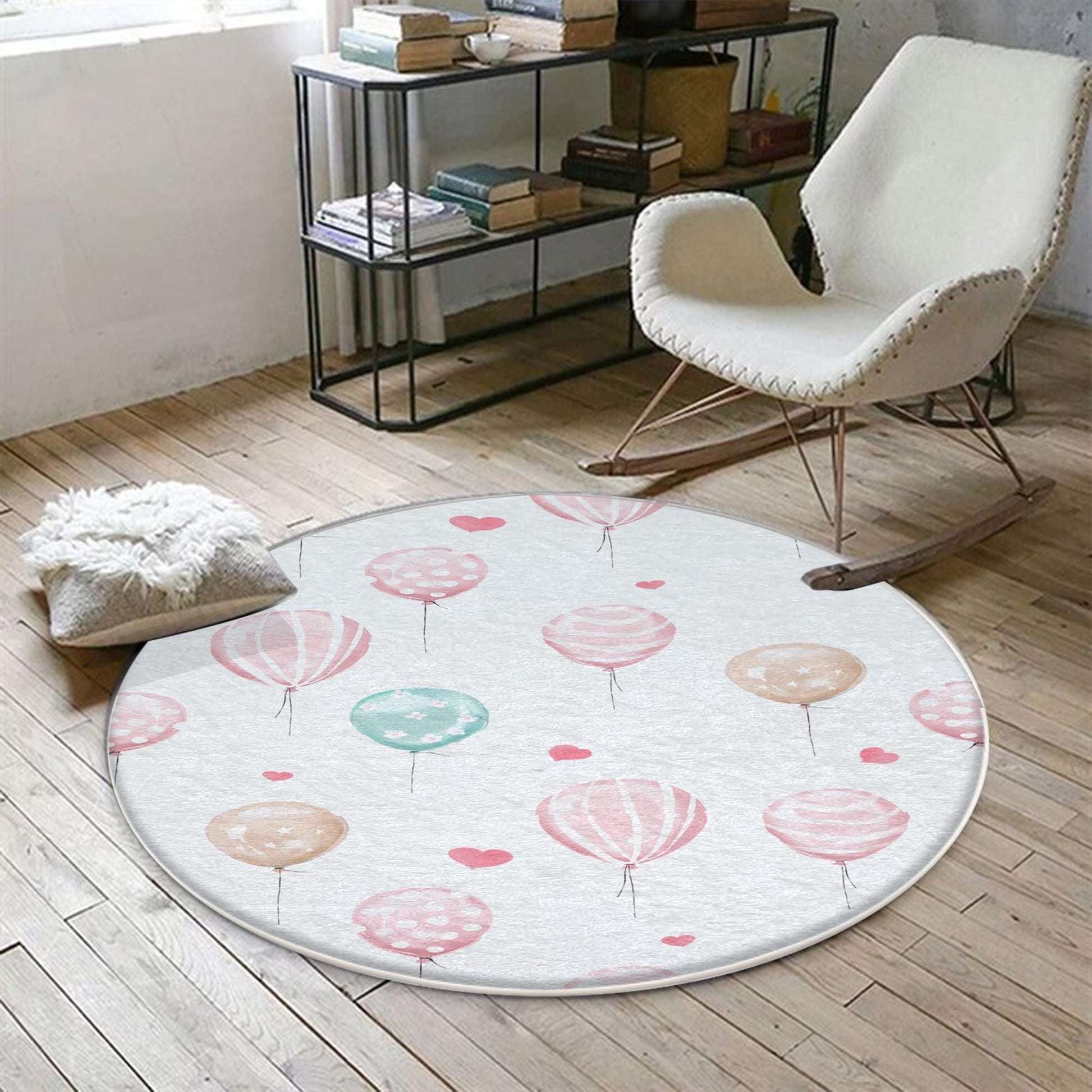 Round Colorful Pink Hearts Balloons Girls Nursery Room Rug, Cute Rug Gift For Kid, Girl Baby Room Gift, Kid Room Decor with pillow case gift