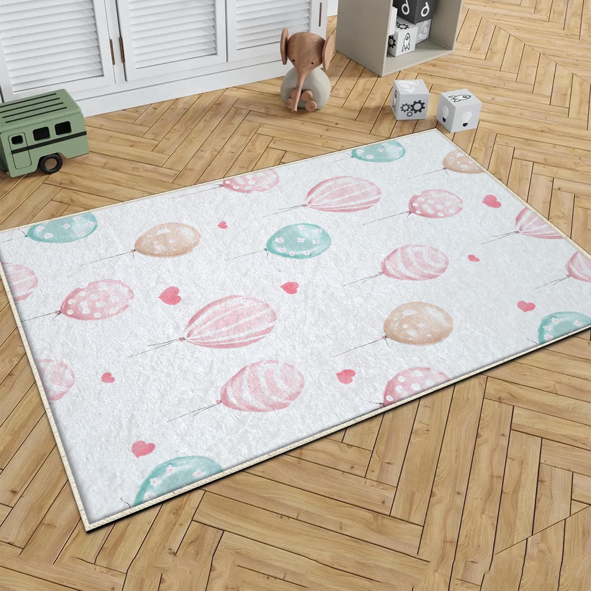 Round Colorful Pink Hearts Balloons Girls Nursery Room Rug, Cute Rug Gift For Kid, Girl Baby Room Gift, Kid Room Decor with pillow case gift