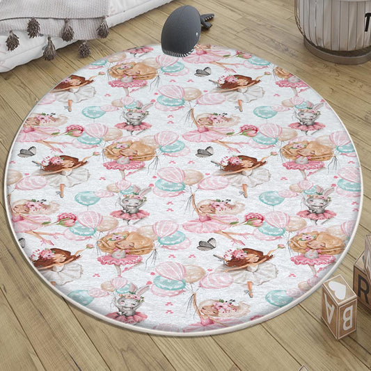 Round Colorful Ballerina Girls Balloons Nursery Room Rug, Cute Rug Gift For Kid, Girl Baby Room Gift, Kid Room Decor with pillow case gift
