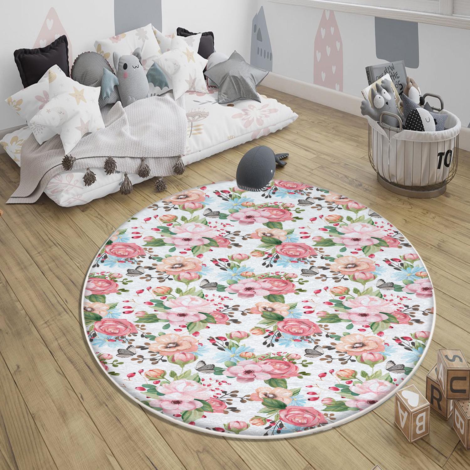 Round Colorful Flowers Floral Baby Nursery Room Rug, Cute Rug Gift For Kid, Girl Baby Room Gift, Kid Room Decor with pillow case gift