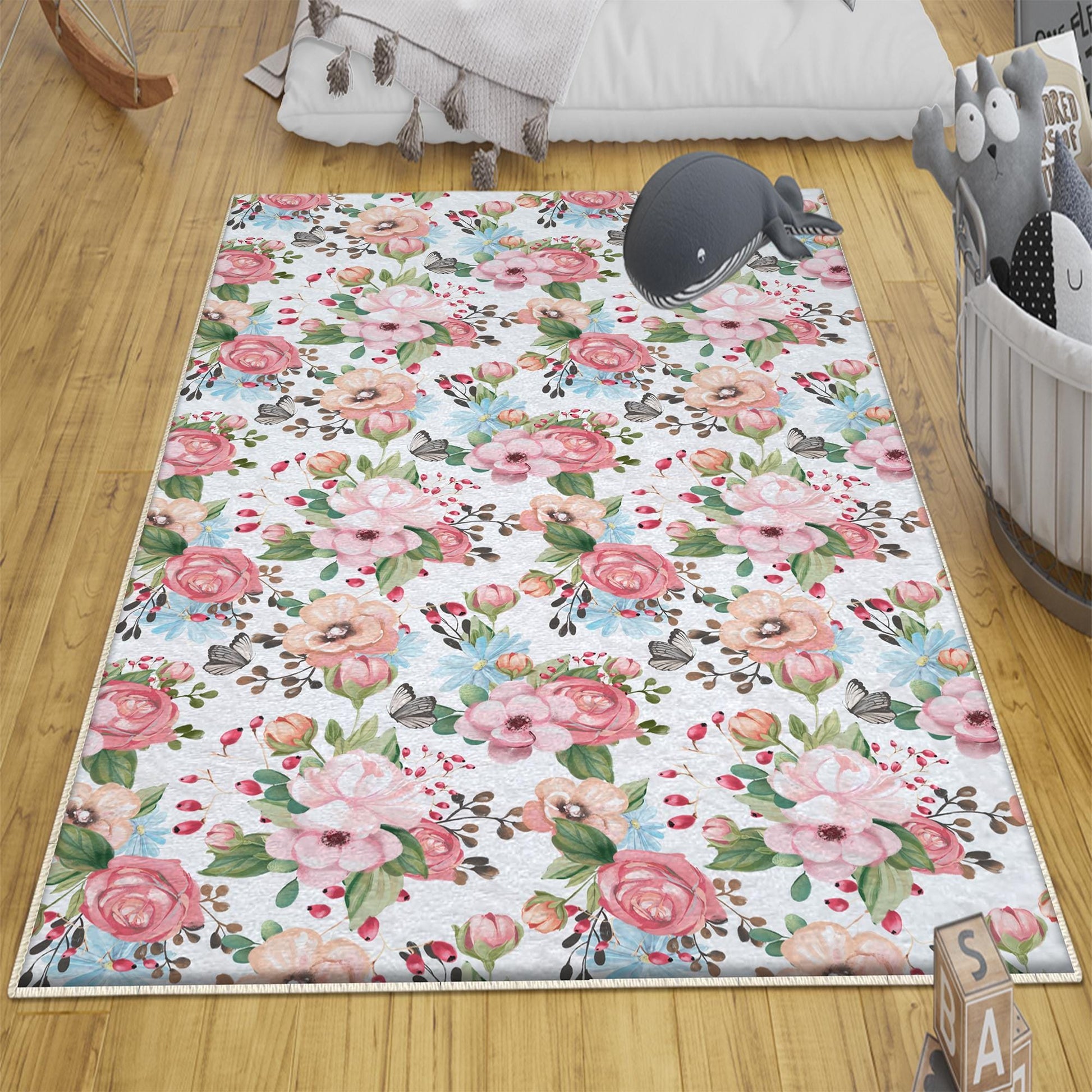 Round Colorful Flowers Floral Baby Nursery Room Rug, Cute Rug Gift For Kid, Girl Baby Room Gift, Kid Room Decor with pillow case gift