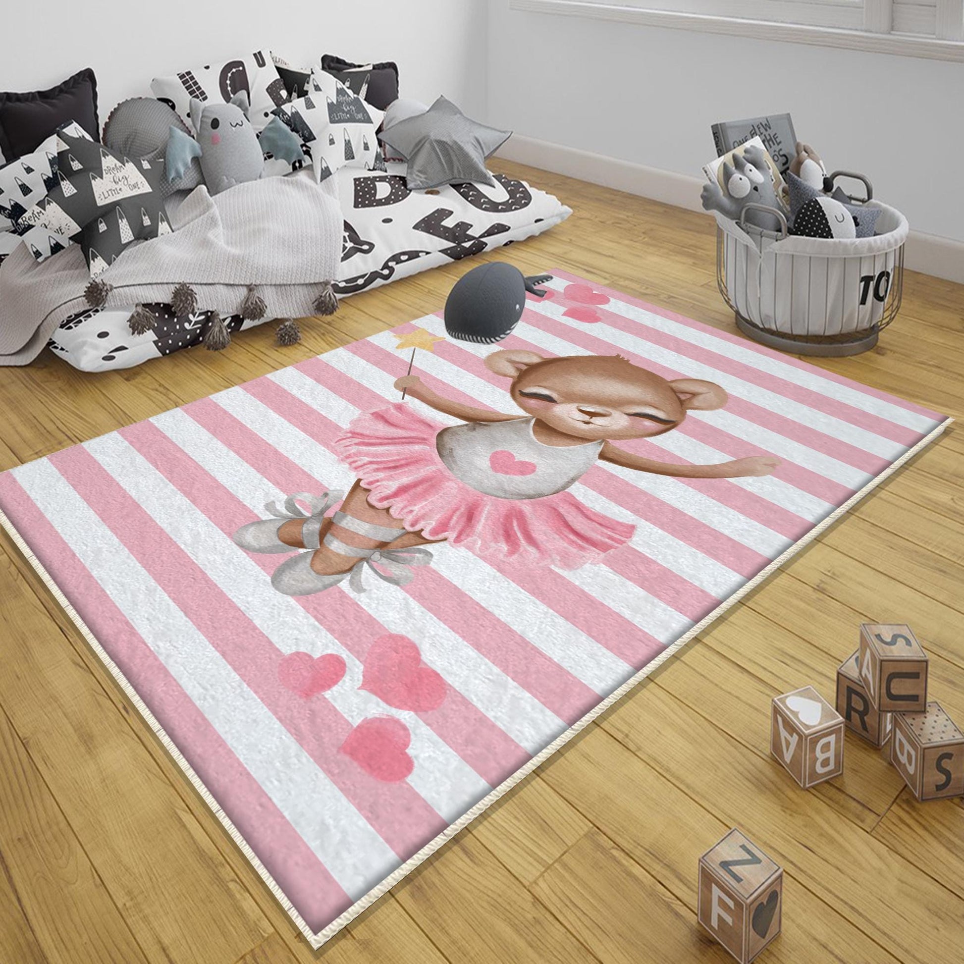 Round Pink Ballerina Bear Heart Girl Nursery Room Rug, Cute Bear Rug Gift For Kid, Girl Baby Room Gift, Kid Room Decor with pillow case gift