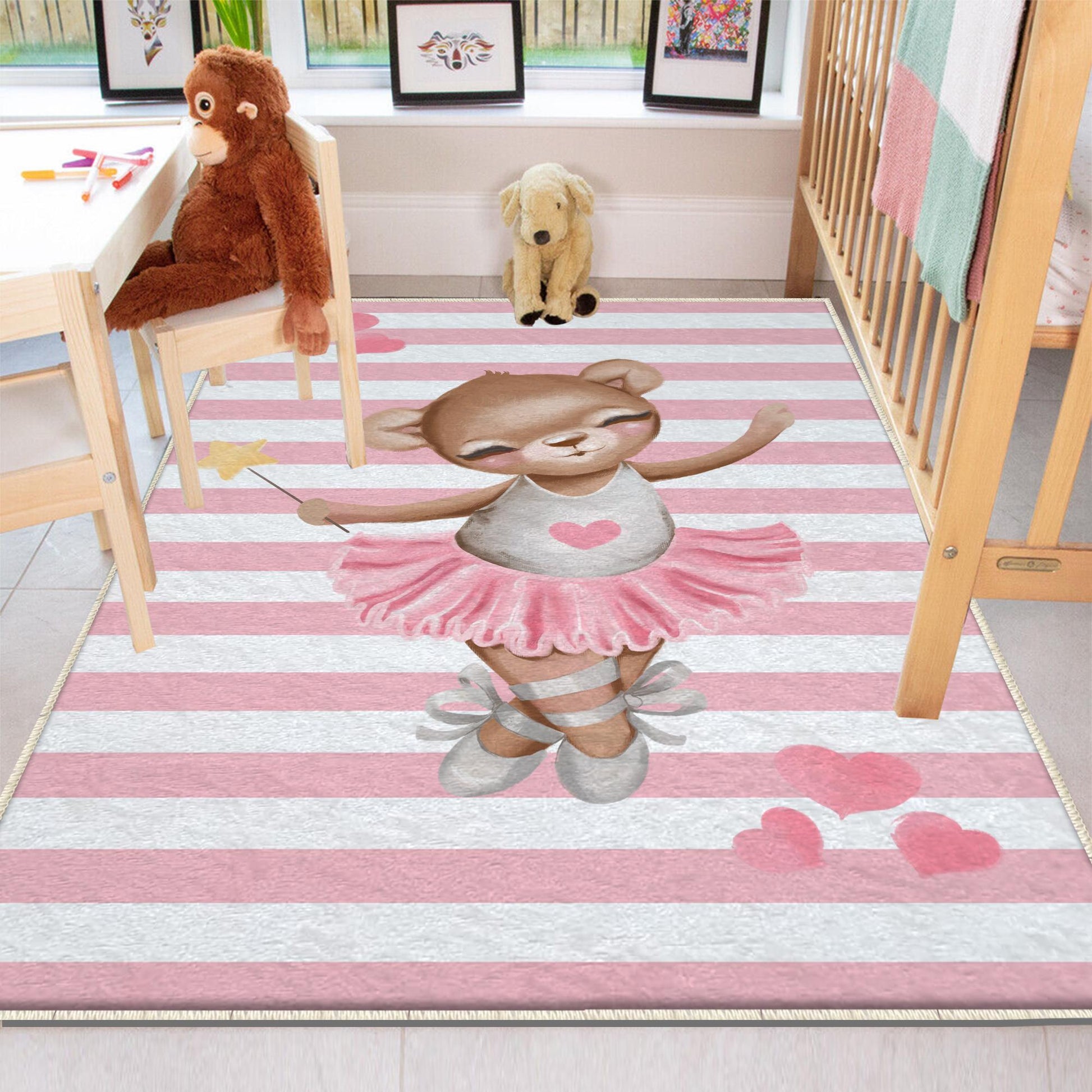 Round Pink Ballerina Bear Heart Girl Nursery Room Rug, Cute Bear Rug Gift For Kid, Girl Baby Room Gift, Kid Room Decor with pillow case gift