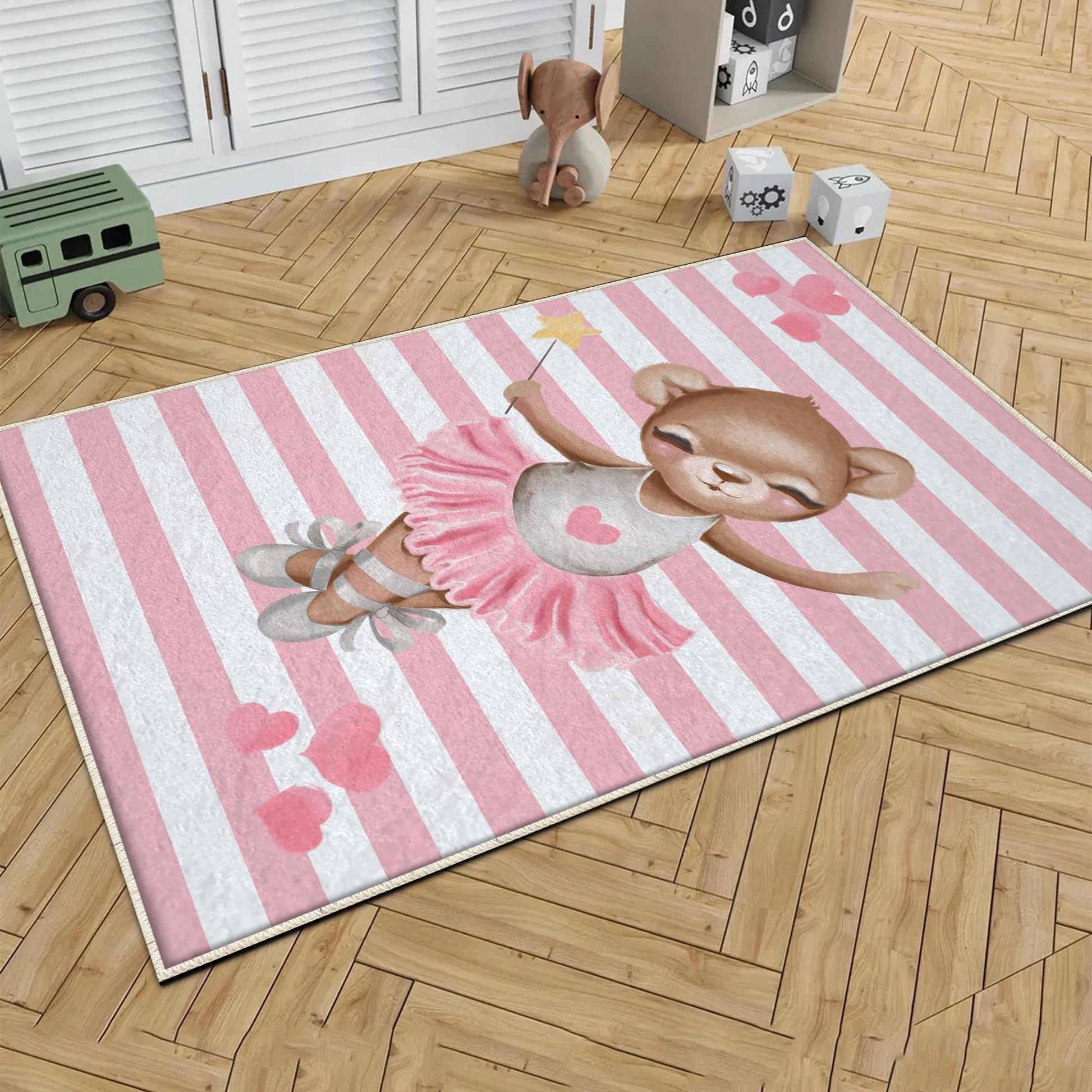 Round Pink Ballerina Bear Heart Girl Nursery Room Rug, Cute Bear Rug Gift For Kid, Girl Baby Room Gift, Kid Room Decor with pillow case gift