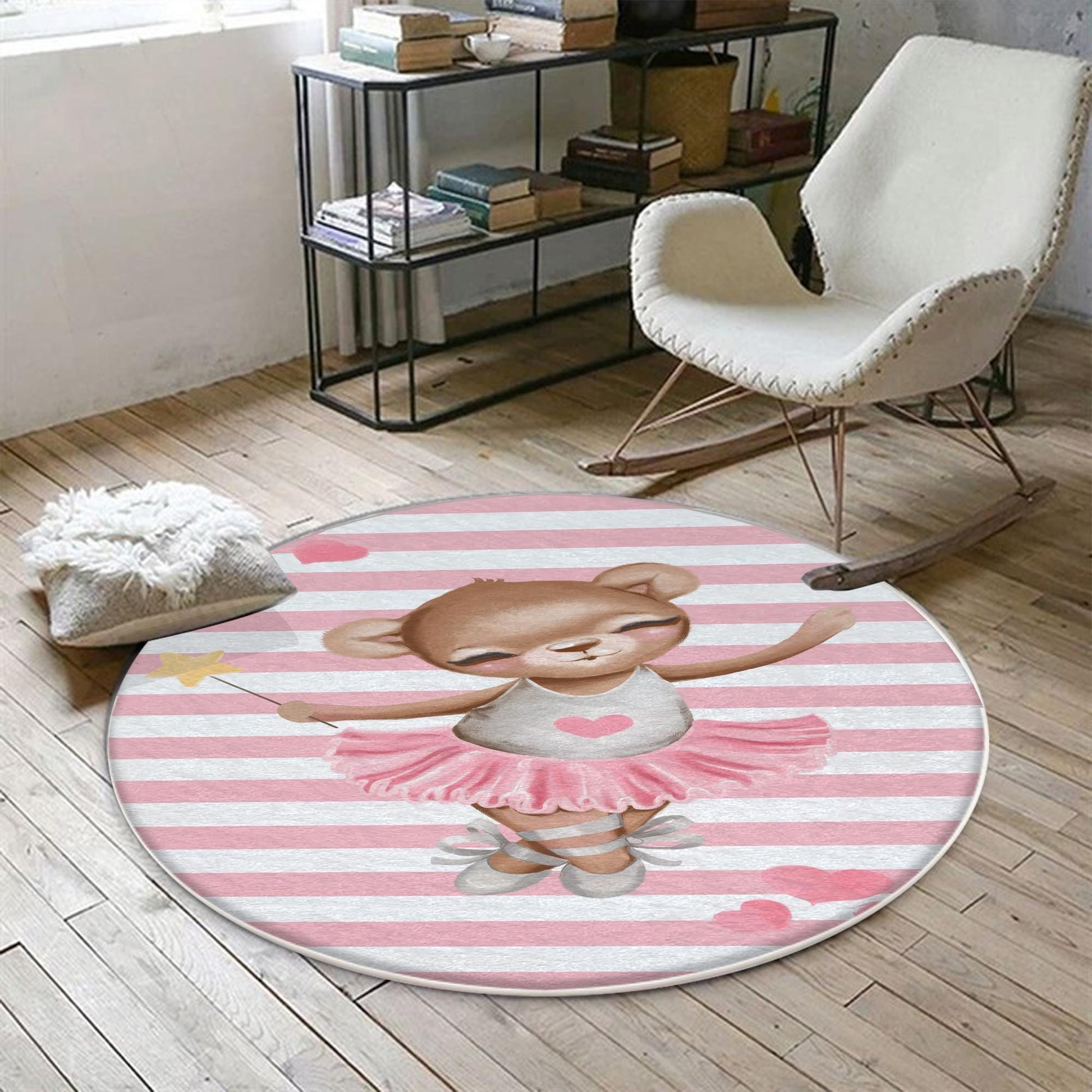 Round Pink Ballerina Bear Heart Girl Nursery Room Rug, Cute Bear Rug Gift For Kid, Girl Baby Room Gift, Kid Room Decor with pillow case gift