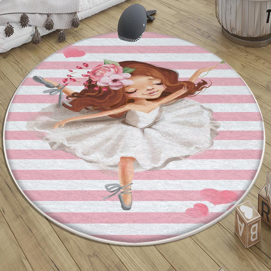 Round Pink White Ballerina Girl Nursery Room Rug, Cute Ballerina Rug Gift For Kid, Girl Baby Room Gift, Kid Room Decor with pillow case gift