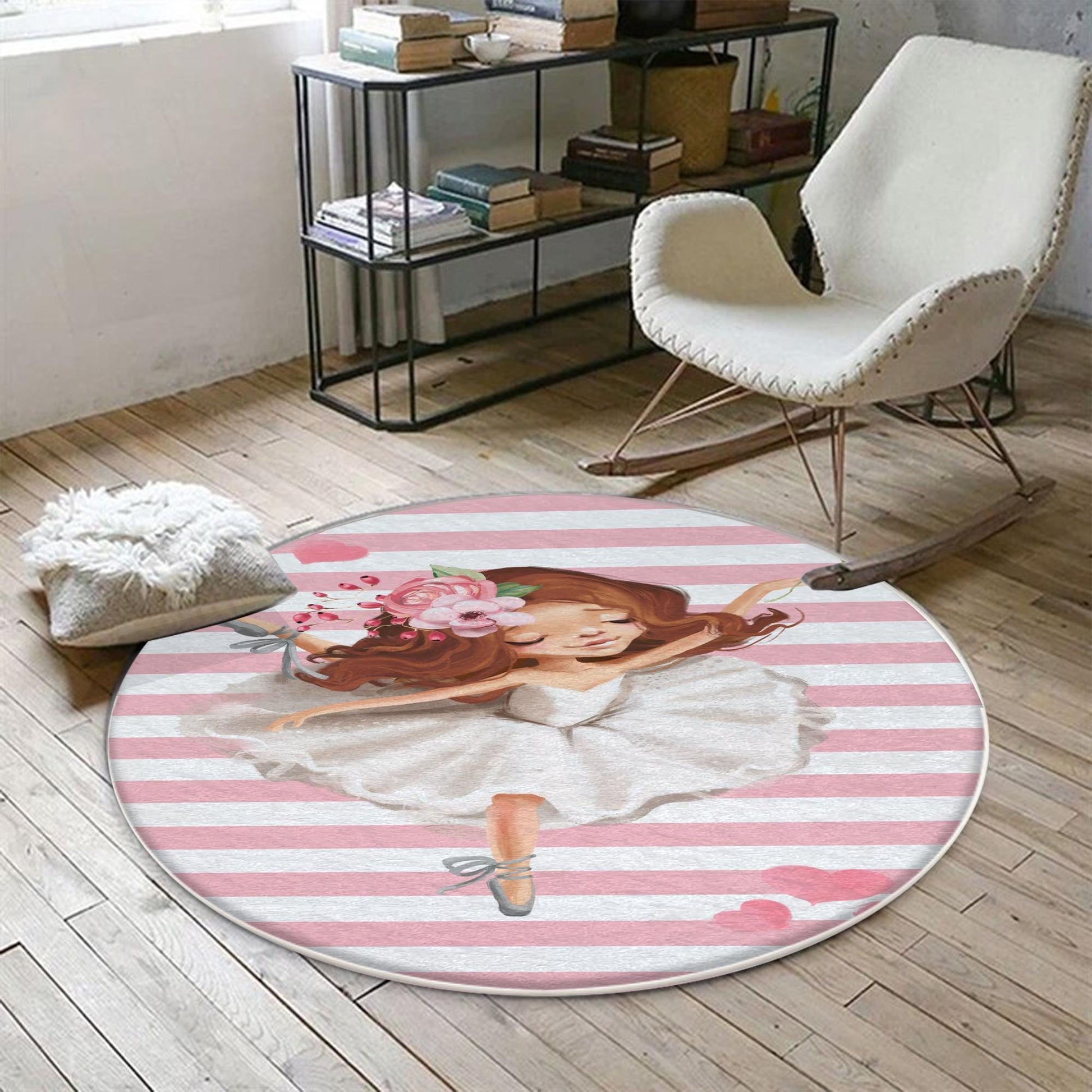 Round Pink White Ballerina Girl Nursery Room Rug, Cute Ballerina Rug Gift For Kid, Girl Baby Room Gift, Kid Room Decor with pillow case gift