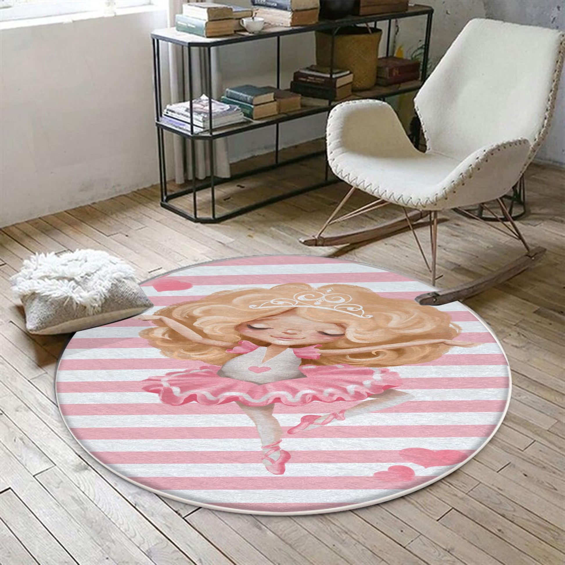 Round Pink Blonde Ballerina Girl Nursery Room Rug, Cute Ballerina Rug Gift For Kid, Girl Baby Room Gift,Kid Room Decor with pillow case gift
