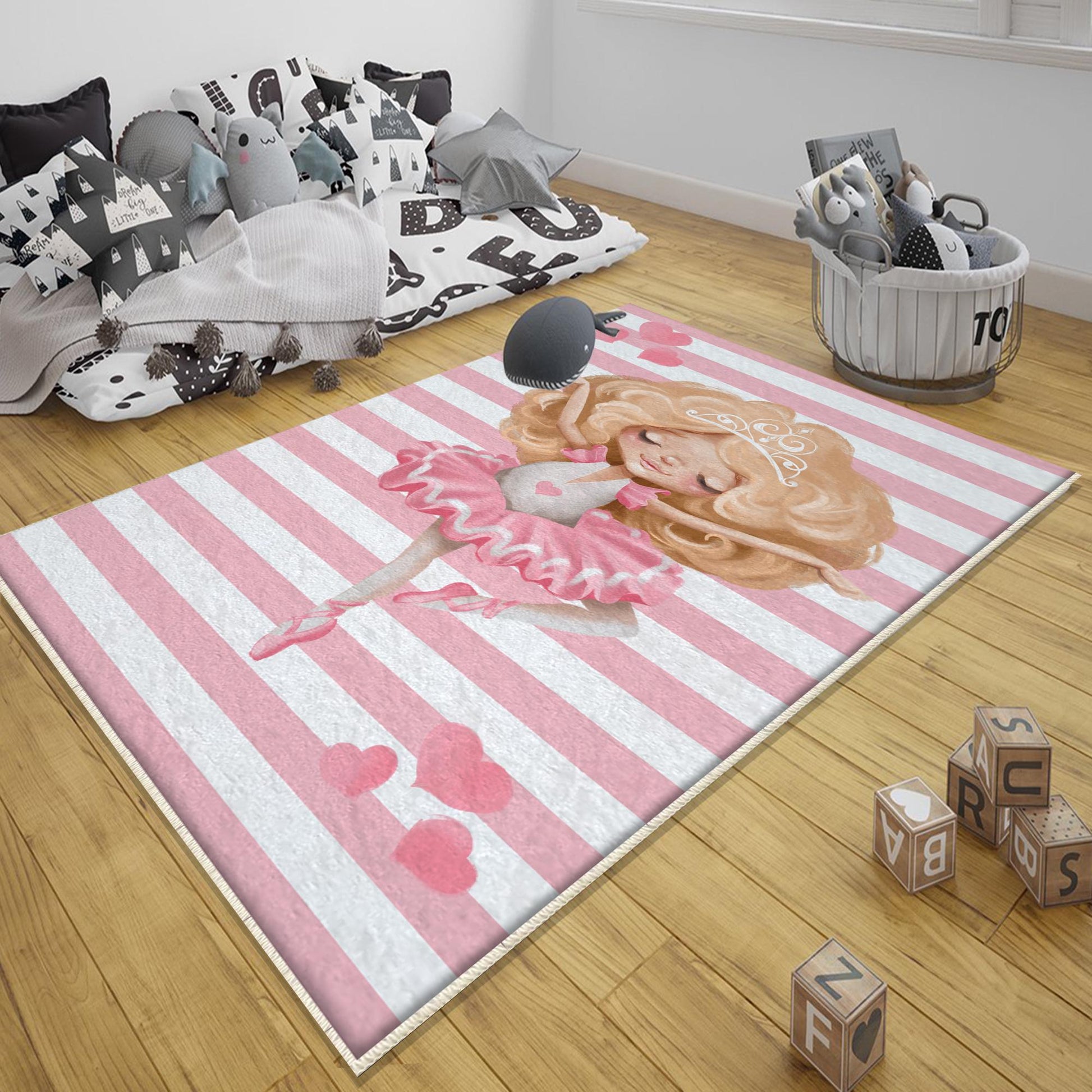 Round Pink Blonde Ballerina Girl Nursery Room Rug, Cute Ballerina Rug Gift For Kid, Girl Baby Room Gift,Kid Room Decor with pillow case gift
