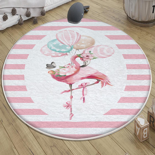 Round Pink Flamingo Girl Baby Nursery Room Rug, Cute Ballerina Rug Gift For Kid, Girl Baby Room Gift, Kid Room Decor with pillow case gift