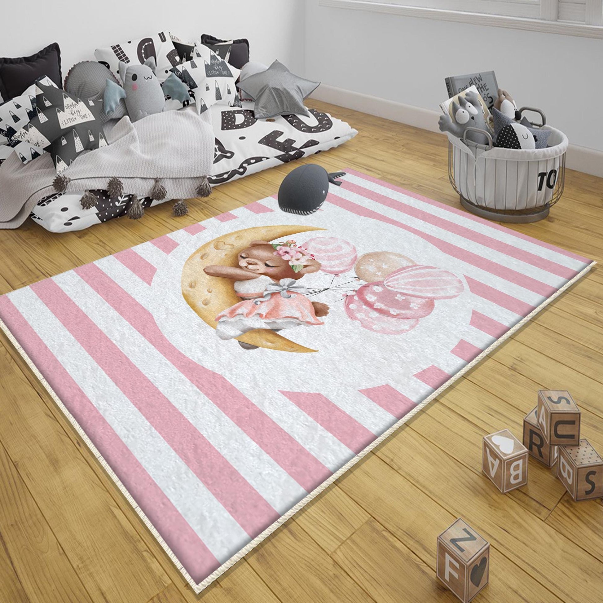 Round Pink Moon Sleep Bear Girl Baby Nursery Room Rug, Cute Bear Rug Gift For Kid, Girl Baby Room Gift, Kid Room Decor with pillow case gift