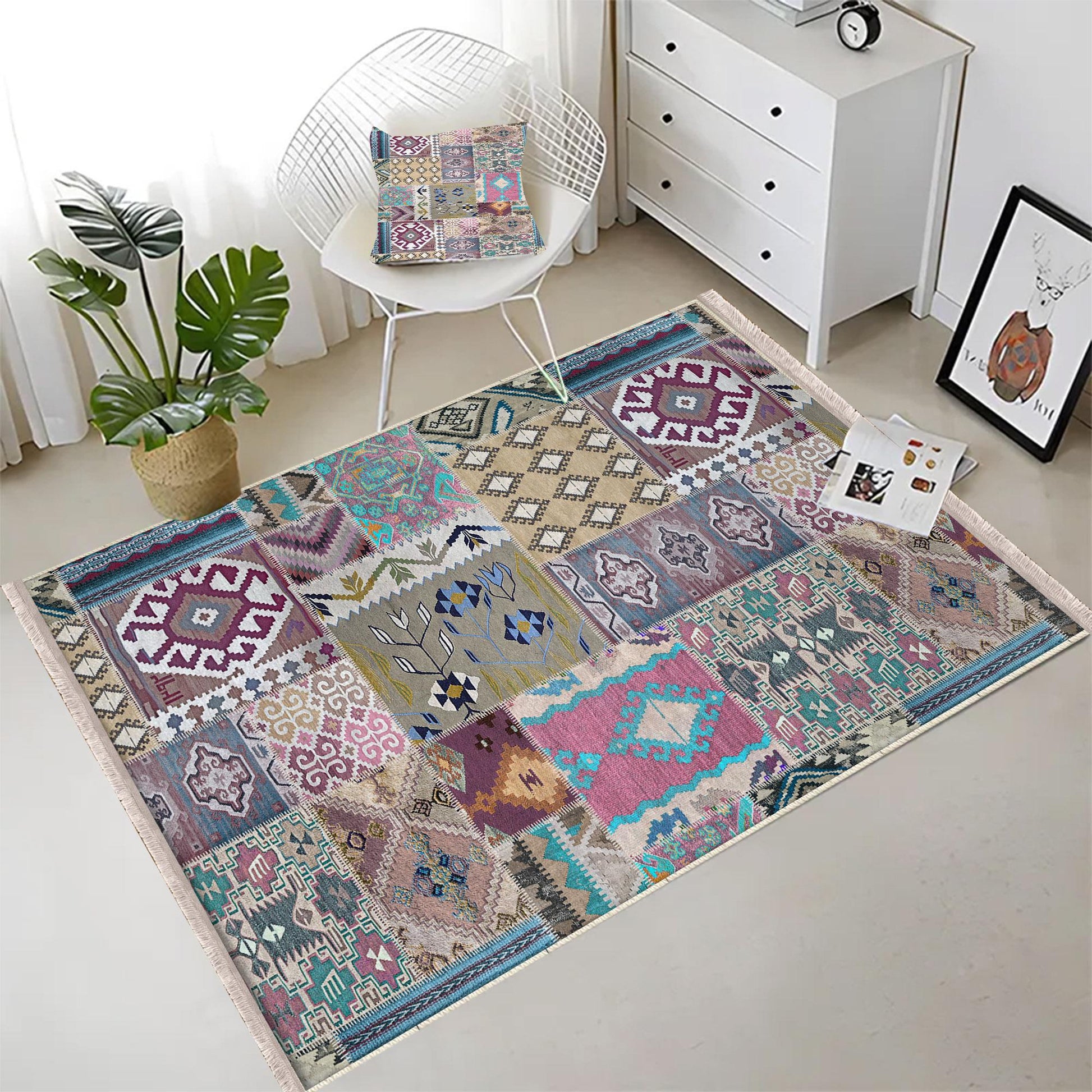 Authentic Ethnic Retro Persian Non-Slip Turkish Kilim Area Rug, Washable Living Room Rugs with pillow case gift, Housewarming Gift