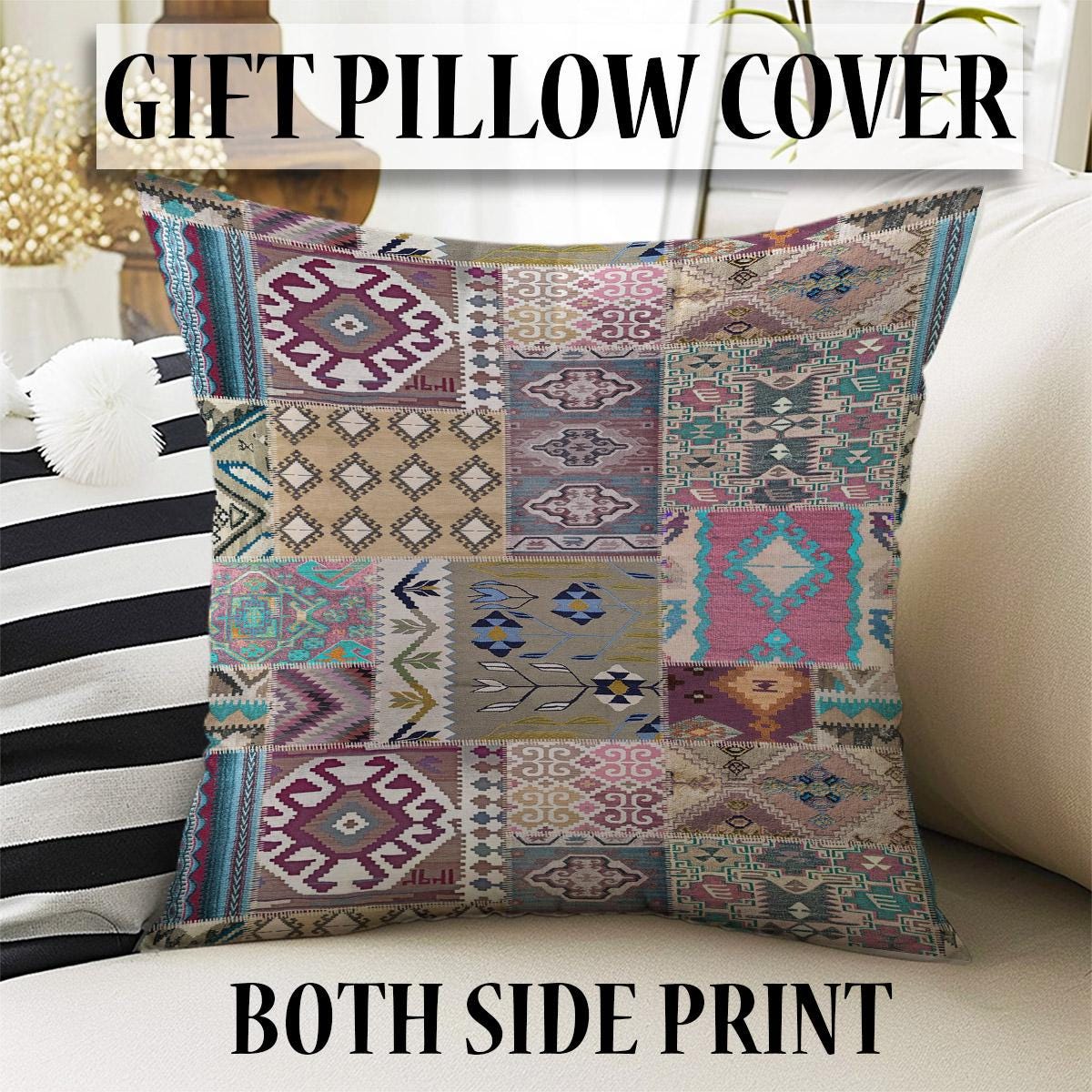 Authentic Ethnic Retro Persian Non-Slip Turkish Kilim Area Rug, Washable Living Room Rugs with pillow case gift, Housewarming Gift