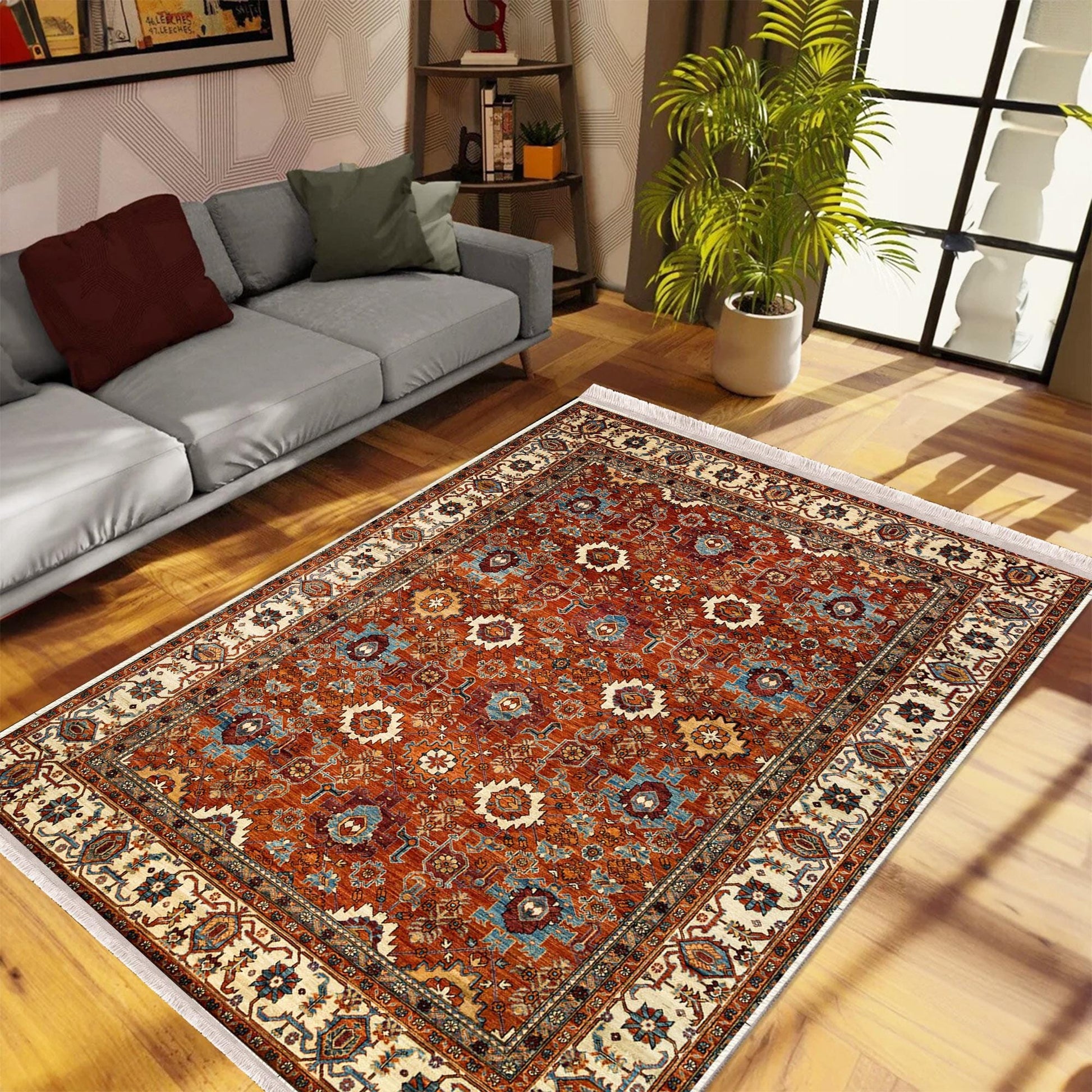 Brown Southwest Classic Area Rug|Ethnic Print Turkish Rug|Vintage Carpet|Washable Living Room Rug|Ottoman Court Carpet|Traditional Decor