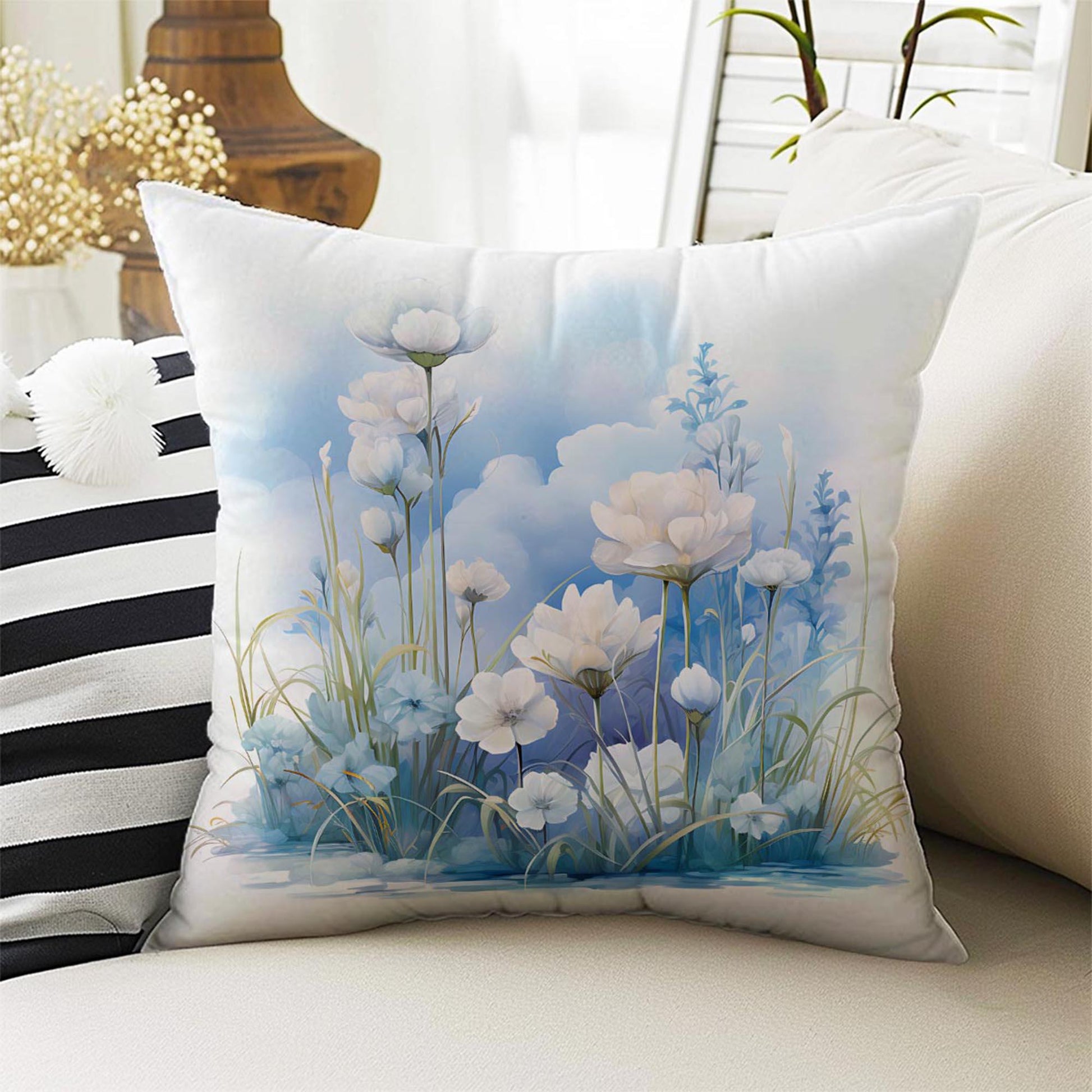 Blue White Flowers Theme Both Side Printed Pillow Cases, Cozy Cottagecore Accent Pillow, Floral Spun Pillow Cushion, Housewarming Gift