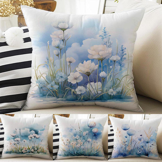 Blue White Flowers Theme Both Side Printed Pillow Cases, Cozy Cottagecore Accent Pillow, Floral Spun Pillow Cushion, Housewarming Gift