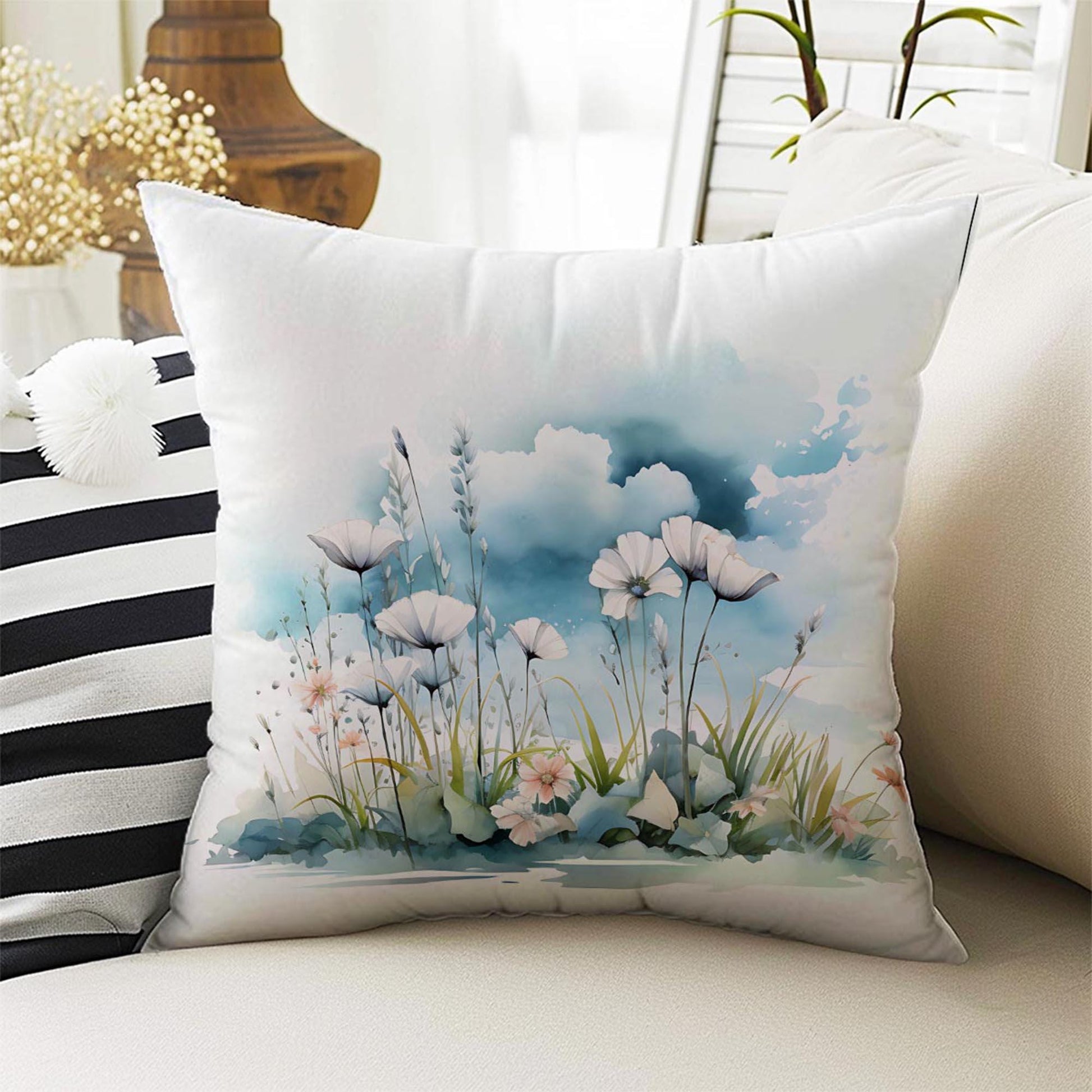 Blue White Flowers Theme Both Side Printed Pillow Cases, Cozy Cottagecore Accent Pillow, Floral Spun Pillow Cushion, Housewarming Gift