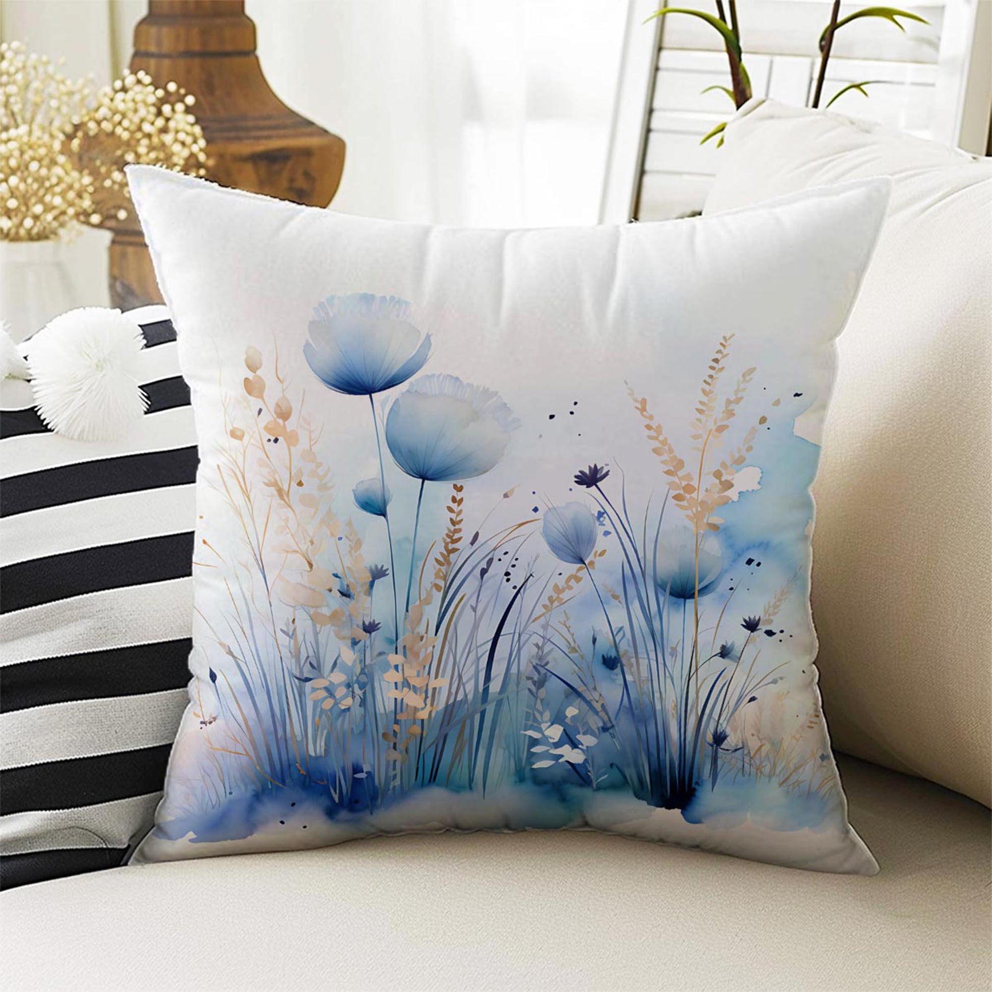 Blue White Flowers Theme Both Side Printed Pillow Cases, Cozy Cottagecore Accent Pillow, Floral Spun Pillow Cushion, Housewarming Gift