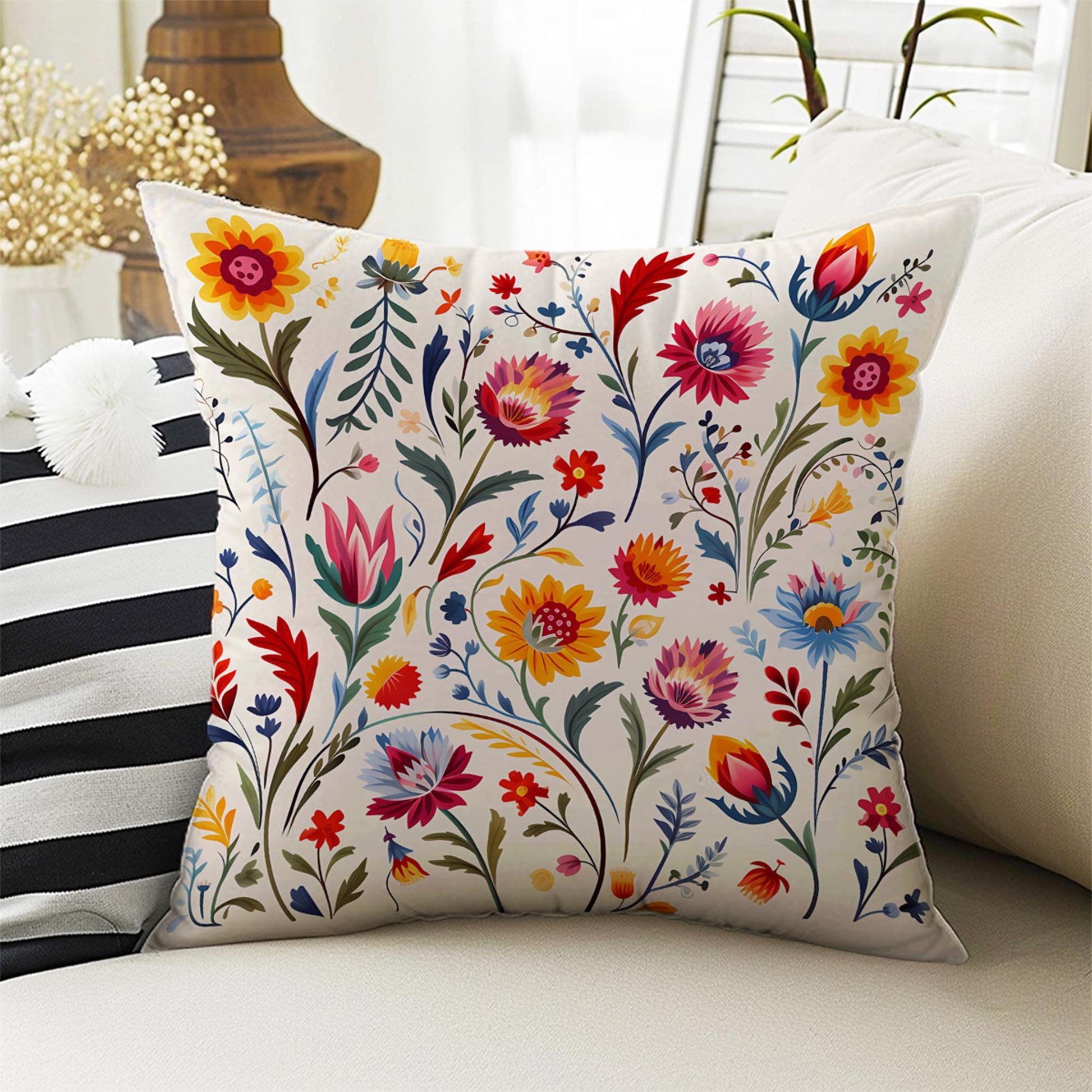 Colorful Turkish Retro Flowers Both Side Printed Pillow Cases, Cozy Cottagecore Accent Pillow, Floral Spun Pillow Cushion, Housewarming Gift