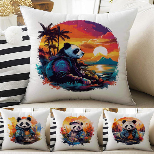 Colorful Panda Bear Theme Both Side Printed Pillow Cases, Cozy Cottagecore Accent Pillow, Animal Spun Pillow Cushion, Housewarming Gift