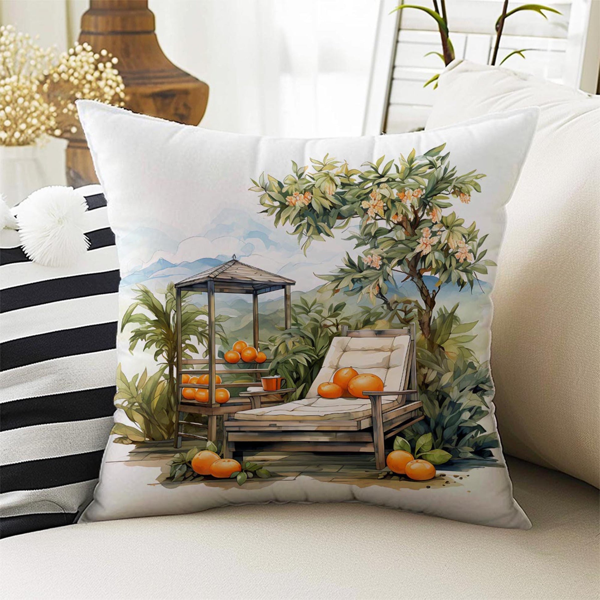 Orange Farmhouse Garden Both Side Printed Pillow Cases, Cozy Cottagecore Accent Pillow, Fruits Garden Spun Pillow Cushion, Housewarming Gift