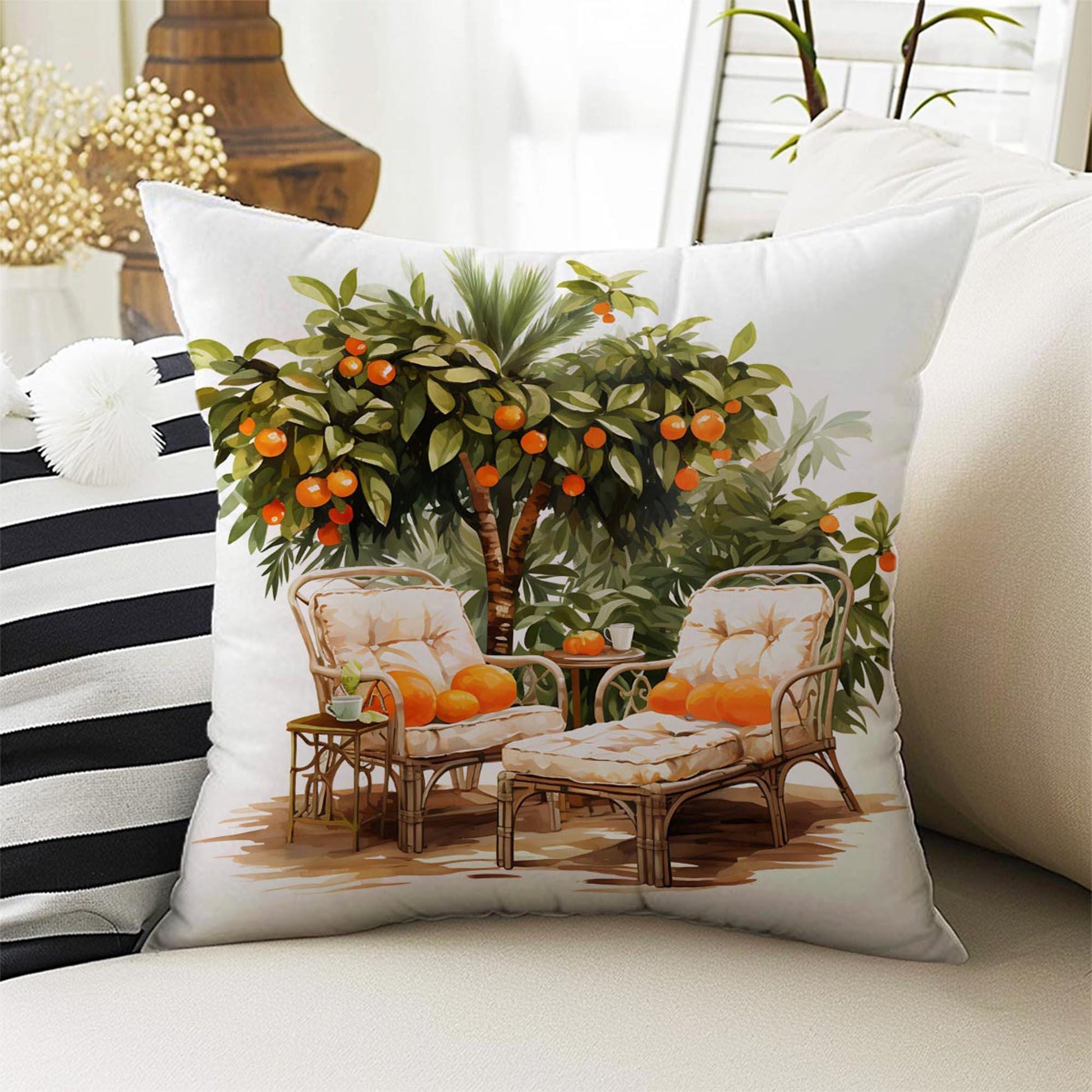 Orange Farmhouse Garden Both Side Printed Pillow Cases, Cozy Cottagecore Accent Pillow, Fruits Garden Spun Pillow Cushion, Housewarming Gift
