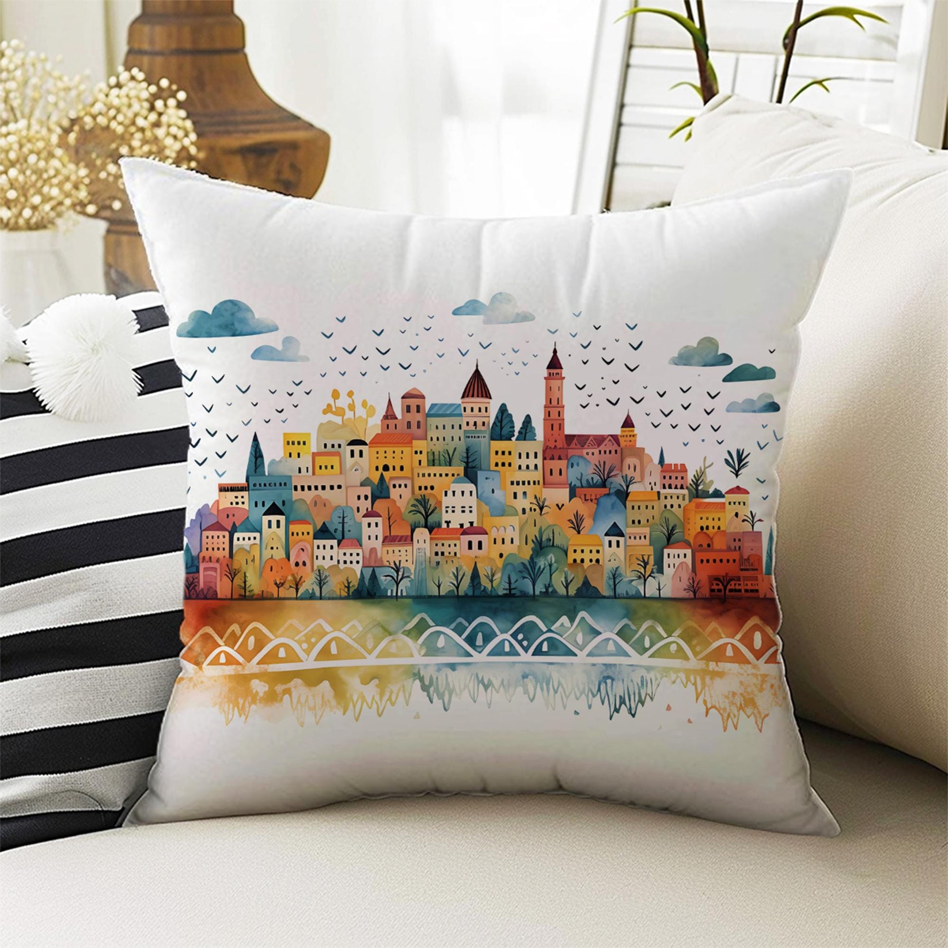 Colorful Retro Houses Both Side Printed Pillow Cases, Cozy Cottagecore Accent Pillow, Vintage City Spun Pillow Cushion, Housewarming Gift