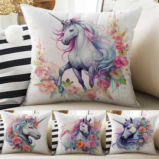 Roses Flowers Unicorn Horse Both Side Printed Pillow Cases, Cozy Cottagecore Accent Pillow, Unicorn Spun Pillow Cushion, Housewarming Gift