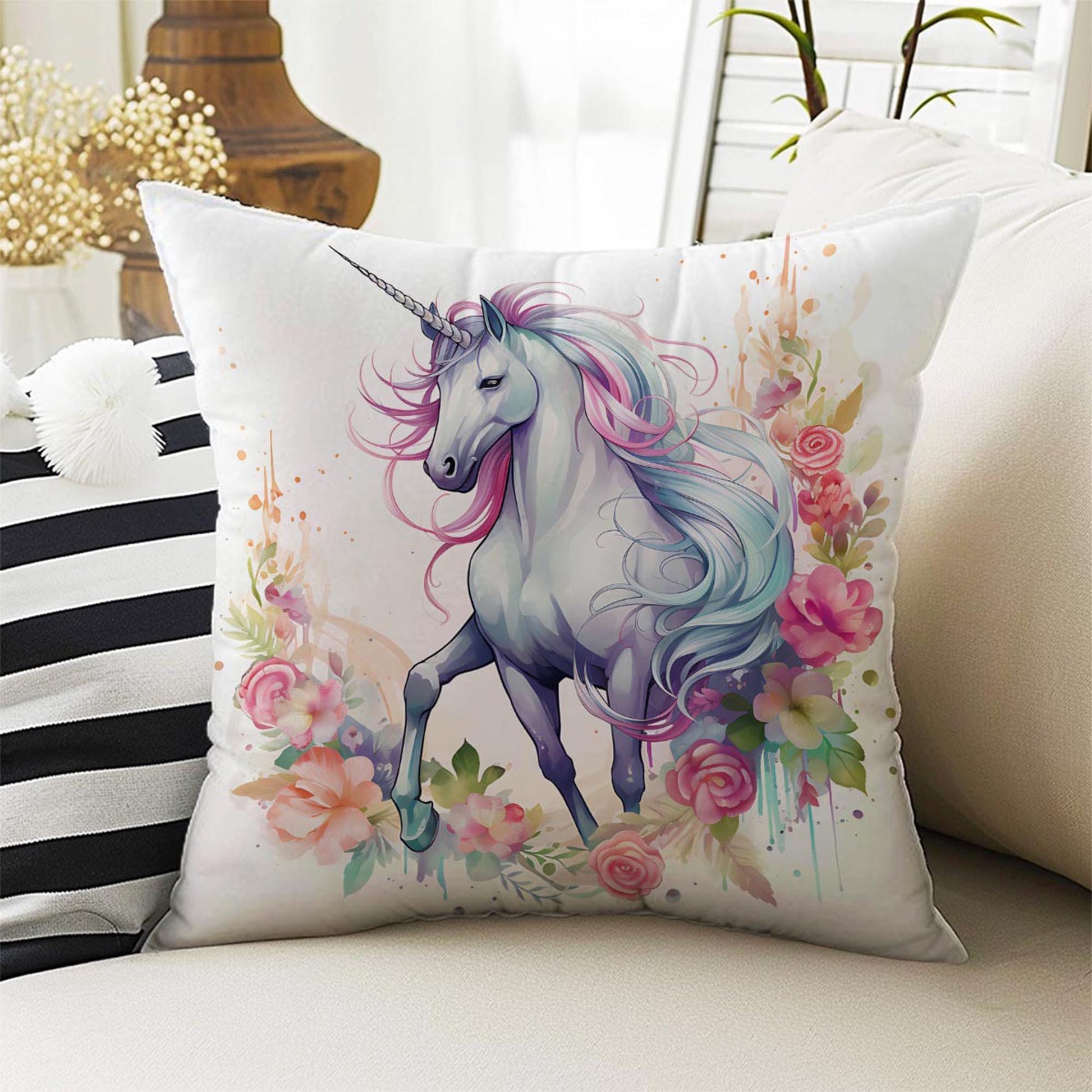 Roses Flowers Unicorn Horse Both Side Printed Pillow Cases, Cozy Cottagecore Accent Pillow, Unicorn Spun Pillow Cushion, Housewarming Gift