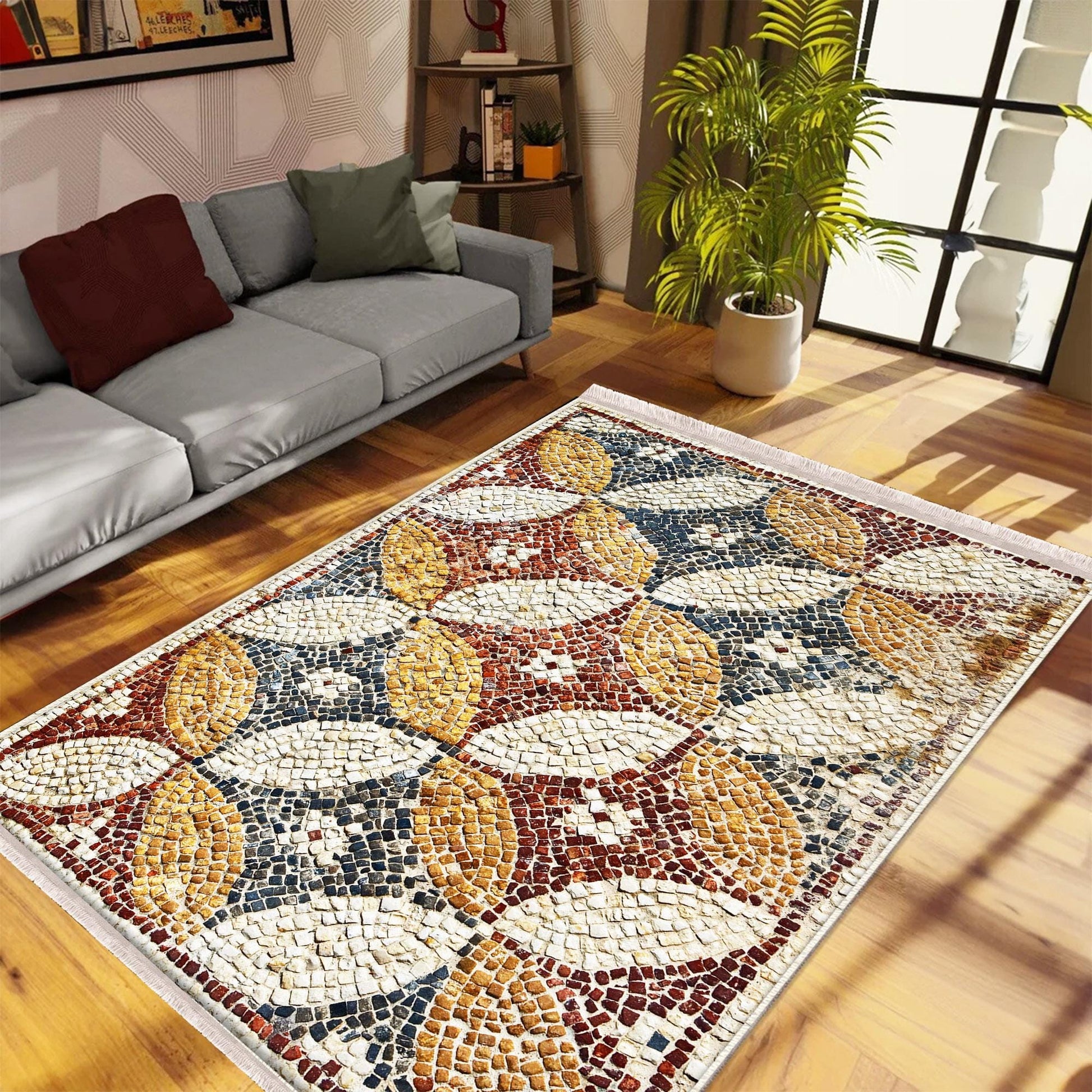 Authentic Ethnic Retro Persian Anatolian Turkish Kilim Area Rug, Washable Non Slip Living Room Rugs with pillow case gift, Mosaic Stones Rug