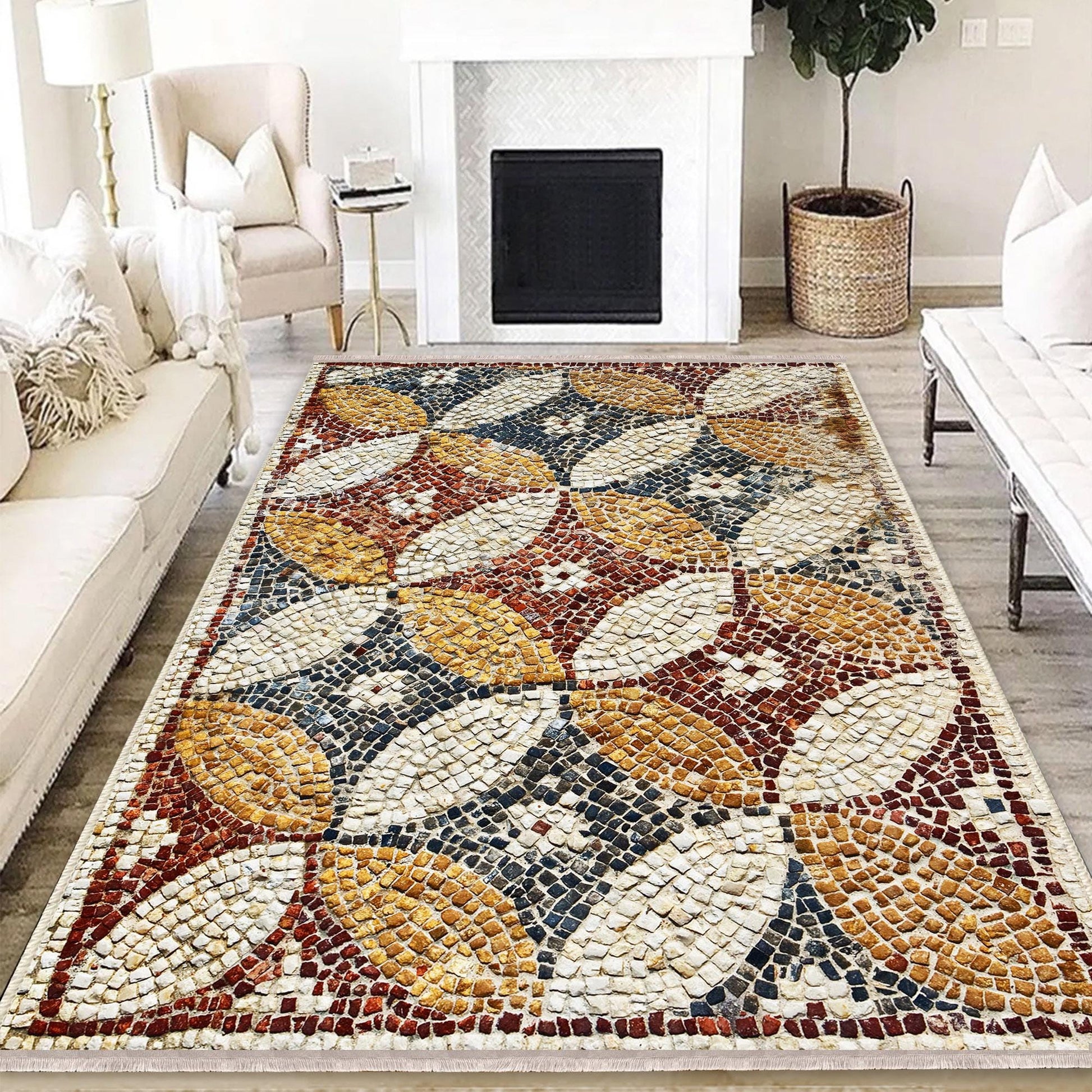 Authentic Ethnic Retro Persian Anatolian Turkish Kilim Area Rug, Washable Non Slip Living Room Rugs with pillow case gift, Mosaic Stones Rug