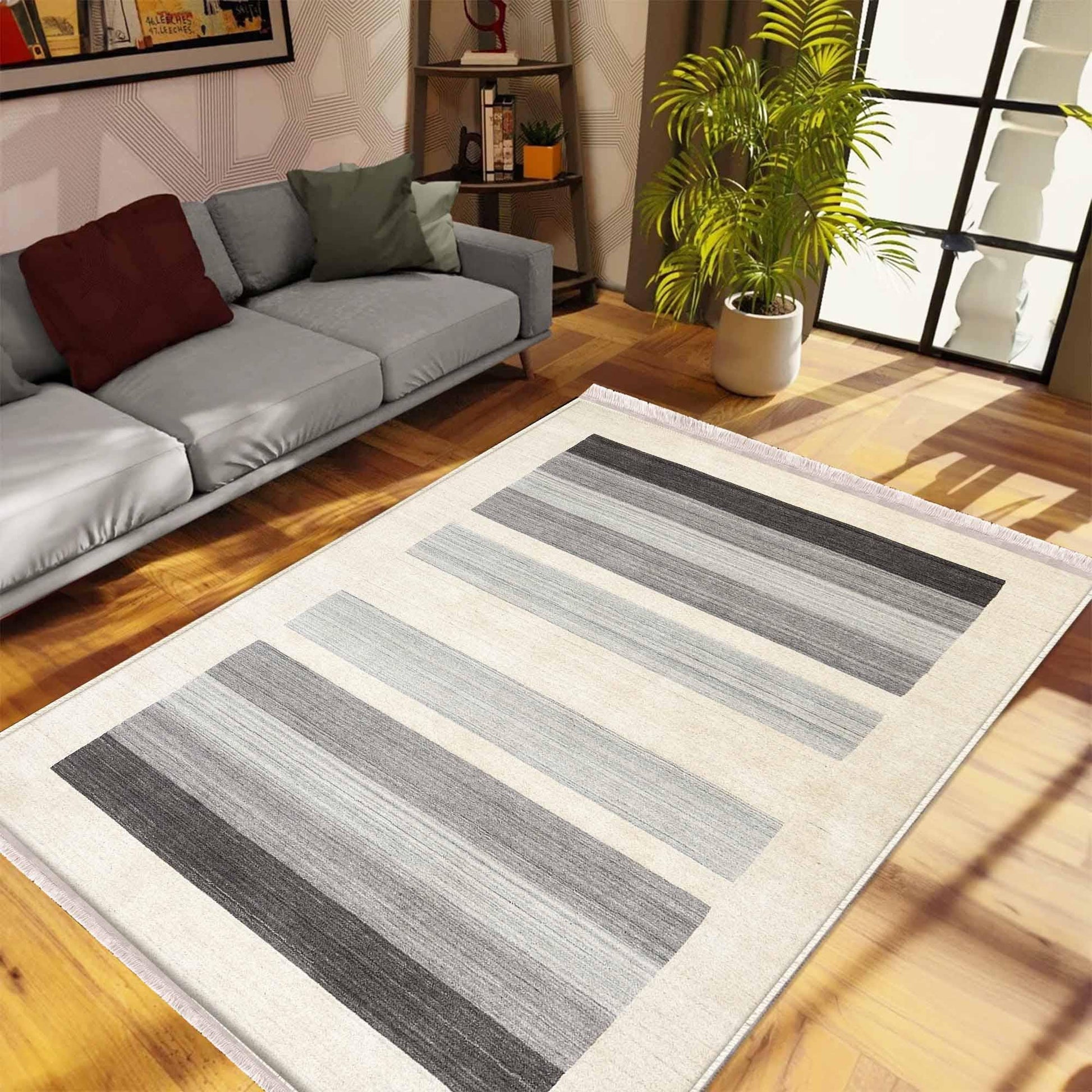 Cream Gray Lines Modern Design Area Rug Runner, Geometric Accent Carpet, Unique Room Mat, Washable Anti-Slip Rug with pillow case gift