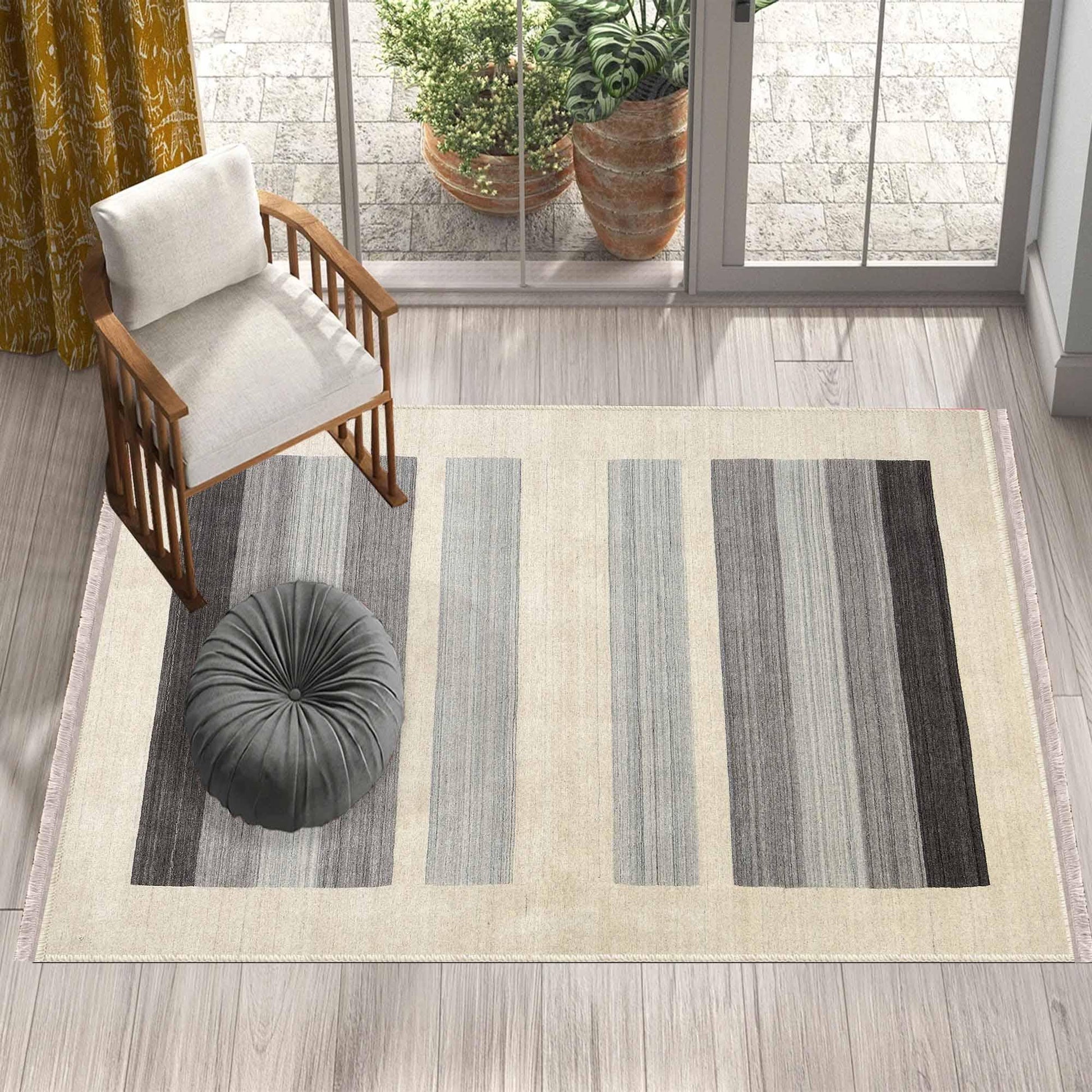 Cream Gray Lines Modern Design Area Rug Runner, Geometric Accent Carpet, Unique Room Mat, Washable Anti-Slip Rug with pillow case gift