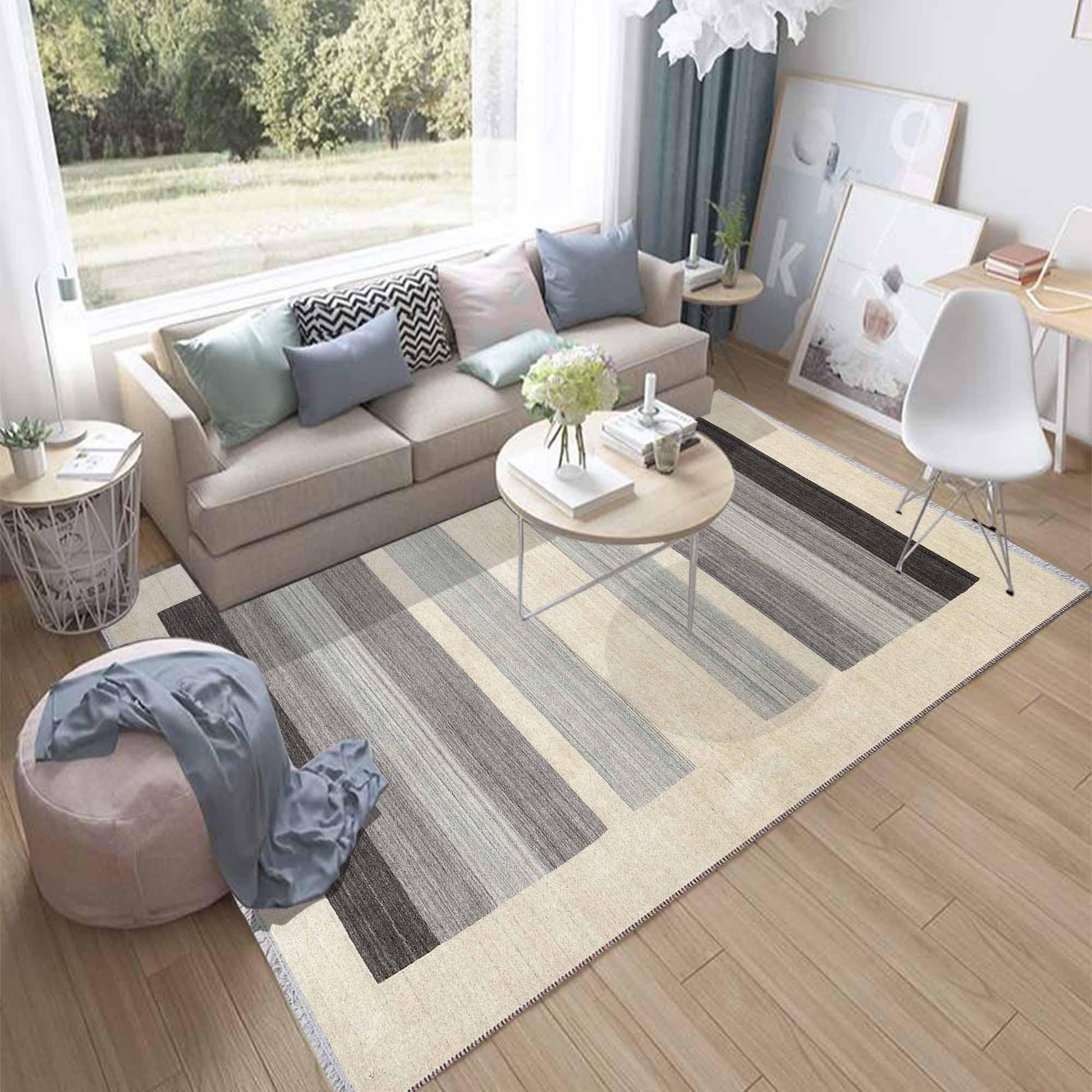 Cream Gray Lines Modern Design Area Rug Runner, Geometric Accent Carpet, Unique Room Mat, Washable Anti-Slip Rug with pillow case gift