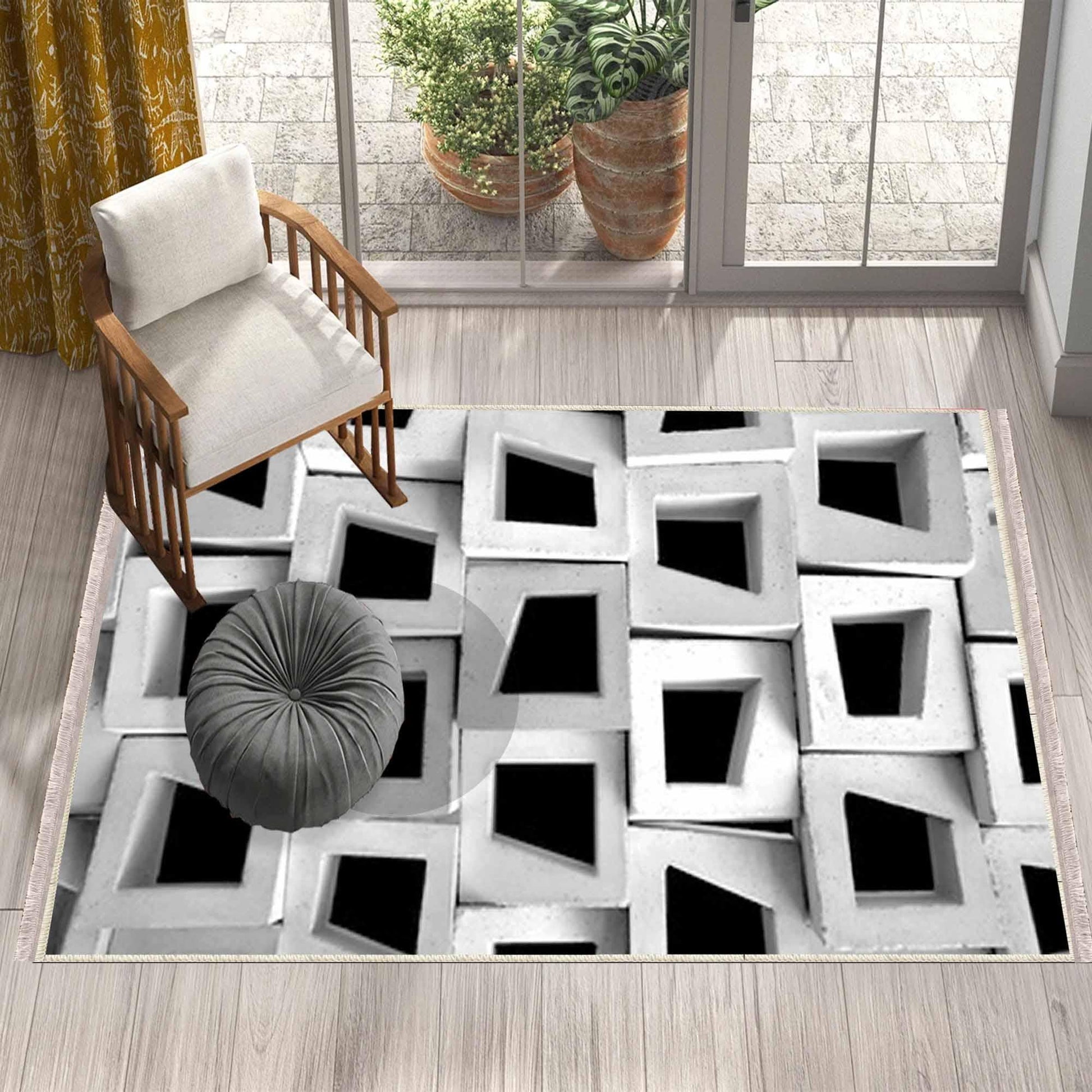 Black White Cubes Modern Design Area Rug Runner, Geometric Abstract Carpet, Unique Room Mat, Washable Anti-Slip Rug with pillow case gift