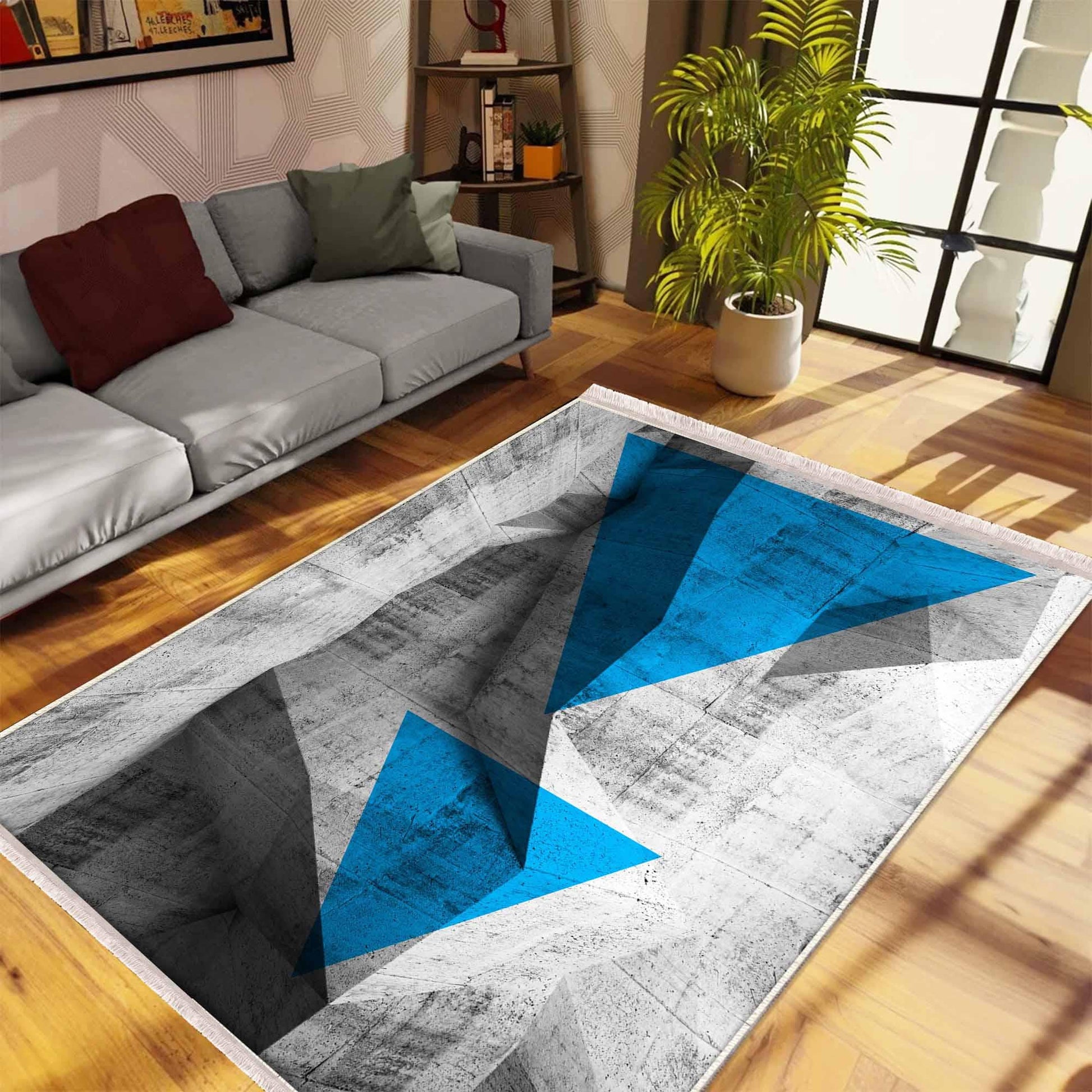 Blue Gray Arrow Modern Design Area Rug Runner, Geometric Abstract Carpet, Unique Room Mat, Washable Anti-Slip Rug with pillow case gift