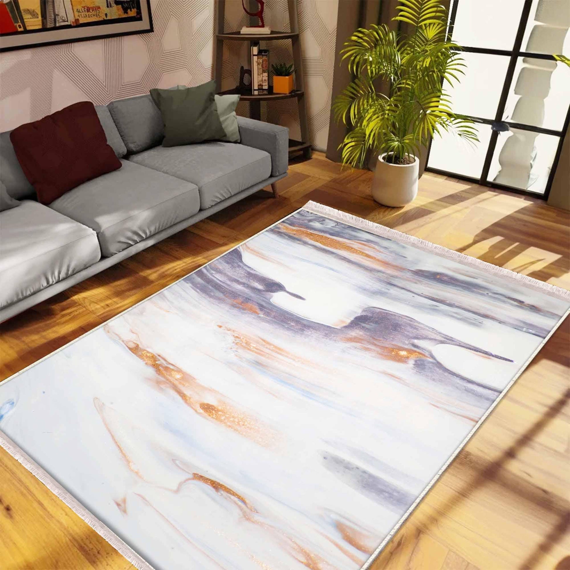Orange Gray Marble Runner Rug, Modern Geometric Accent Carpet, Washable Anti-Slip Area Rug with Pillowcase Gift