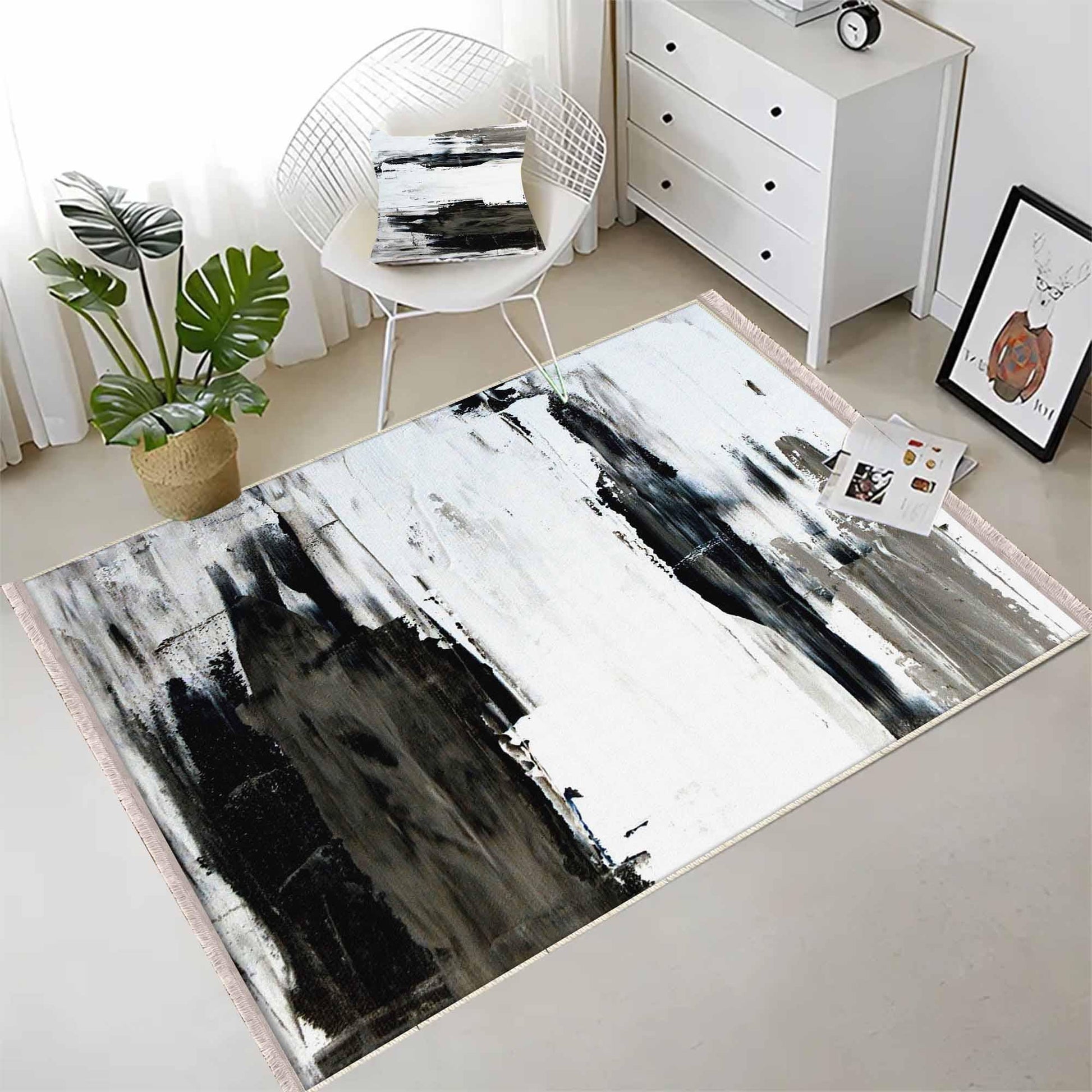 Black White Abstract Modern Design Area Rug Runner, Geometric Accent Carpet, Unique Room Mat, Washable Anti-Slip Rug with pillow case gift