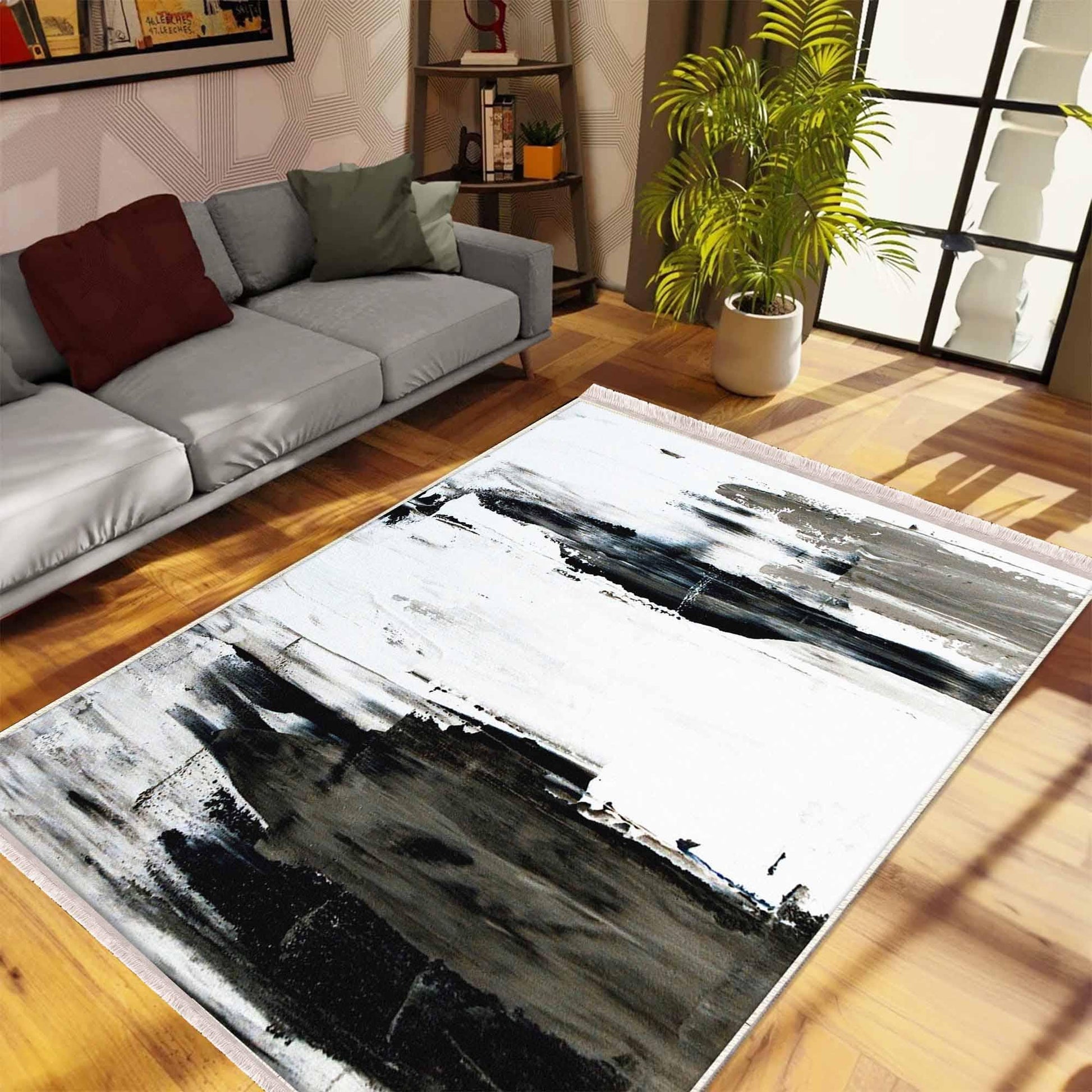 Black White Abstract Modern Design Area Rug Runner, Geometric Accent Carpet, Unique Room Mat, Washable Anti-Slip Rug with pillow case gift
