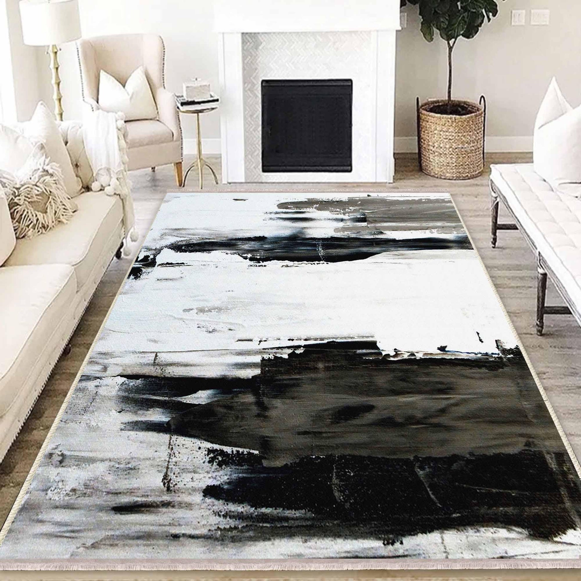 Black White Abstract Modern Design Area Rug Runner, Geometric Accent Carpet, Unique Room Mat, Washable Anti-Slip Rug with pillow case gift