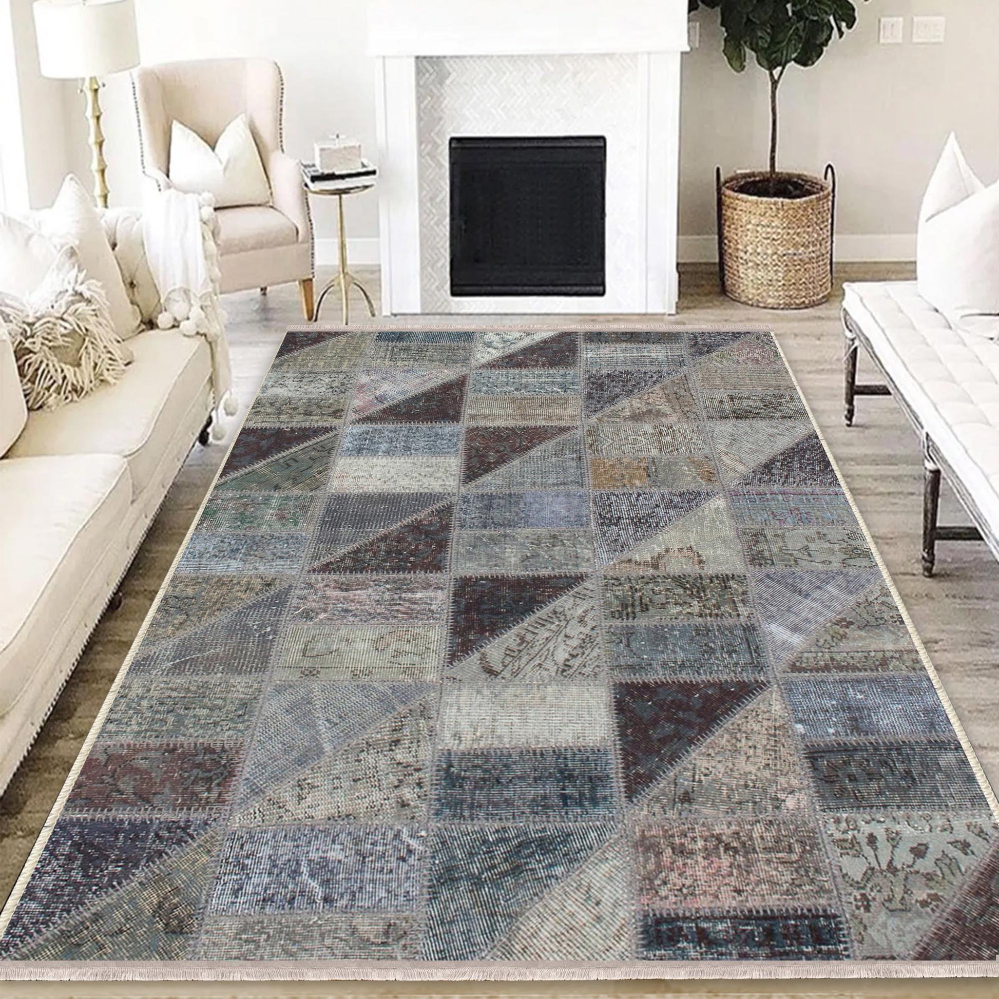 Gray Geometric Patchwork Design Kilim Area Rug Runner, Boho Accent Carpet, Unique Room Mat, Washable Anti-Slip Rug with pillow case gift