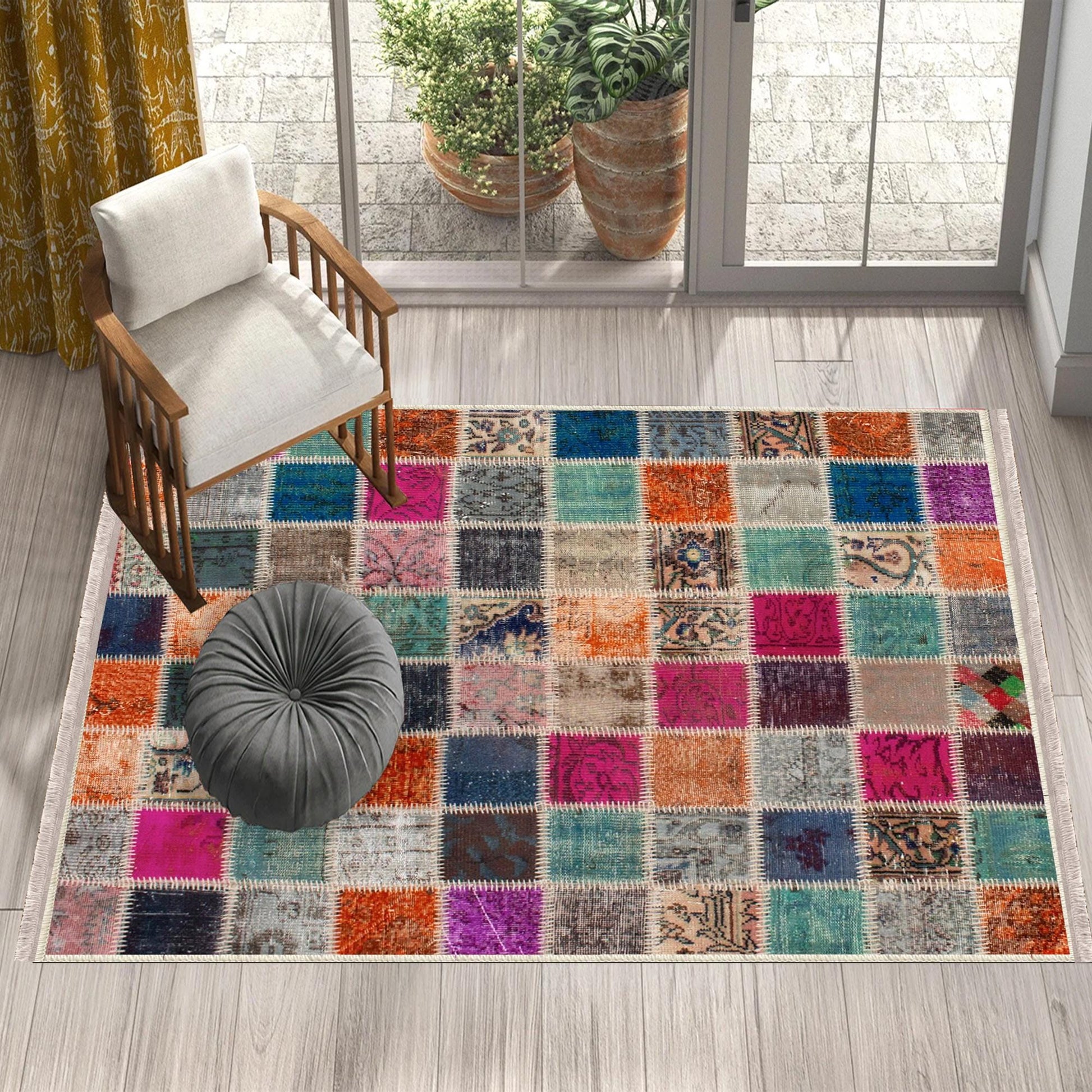 Colorful Ethnic Patchwork Design Kilim Area Rug Runner, Boho Accent Carpet, Unique Room Mat, Washable Anti-Slip Rug with pillow case gift