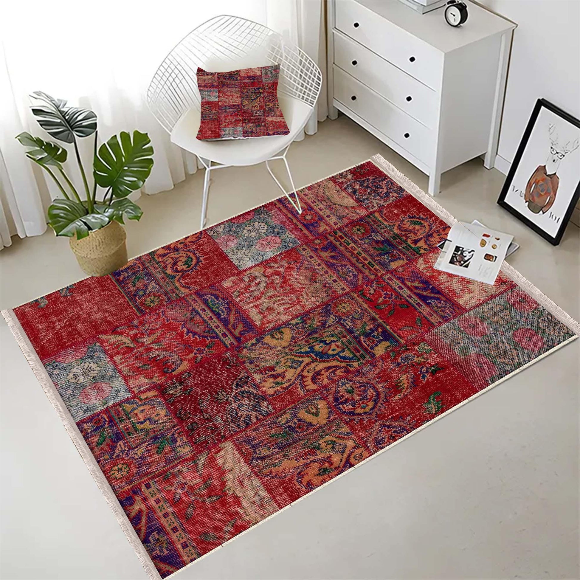 Burgundy Red Patchwork Design Kilim Area Rug Runner, Boho Accent Carpet, Unique Room Mat, Washable Anti-Slip Rug with pillow case gift