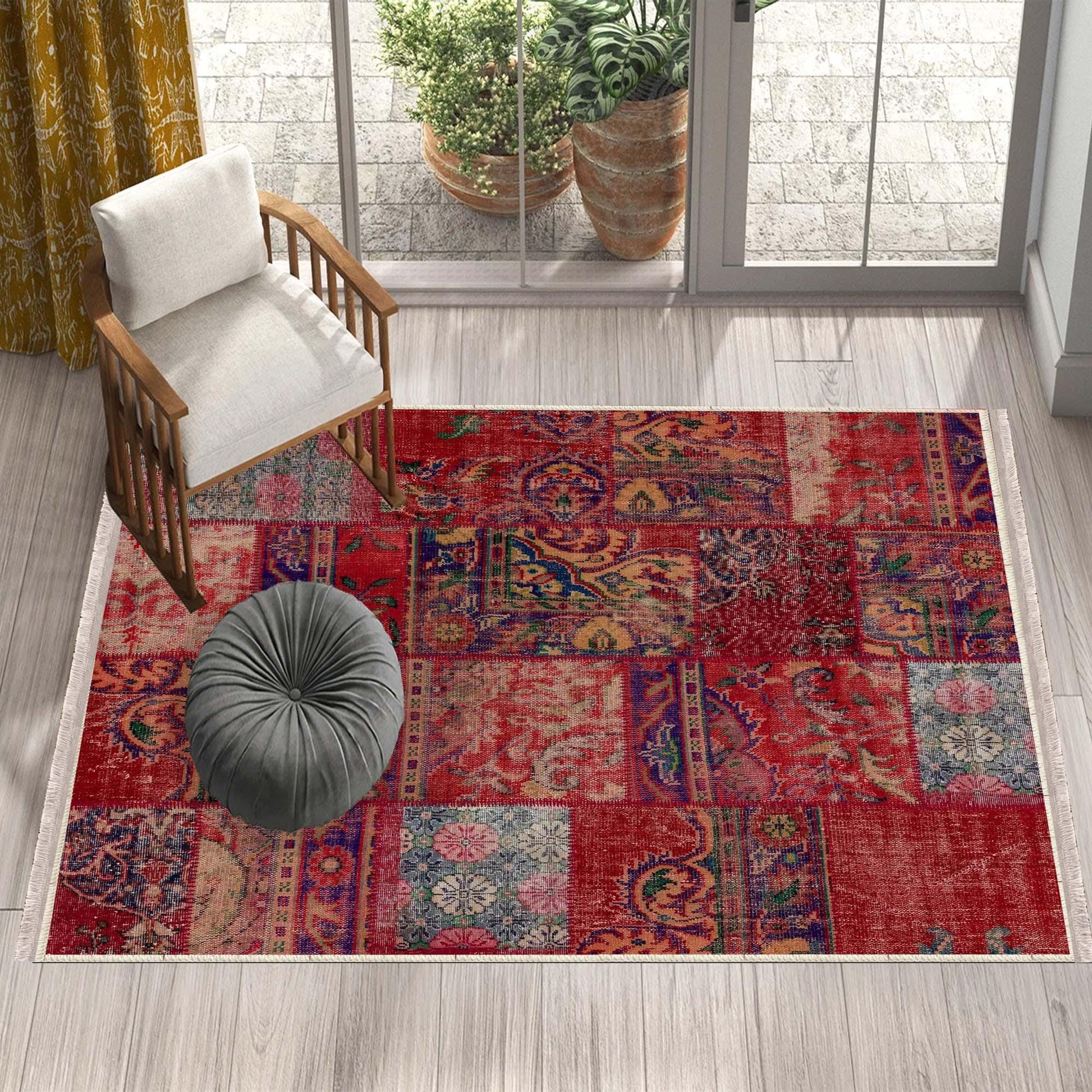 Burgundy Red Patchwork Design Kilim Area Rug Runner, Boho Accent Carpet, Unique Room Mat, Washable Anti-Slip Rug with pillow case gift