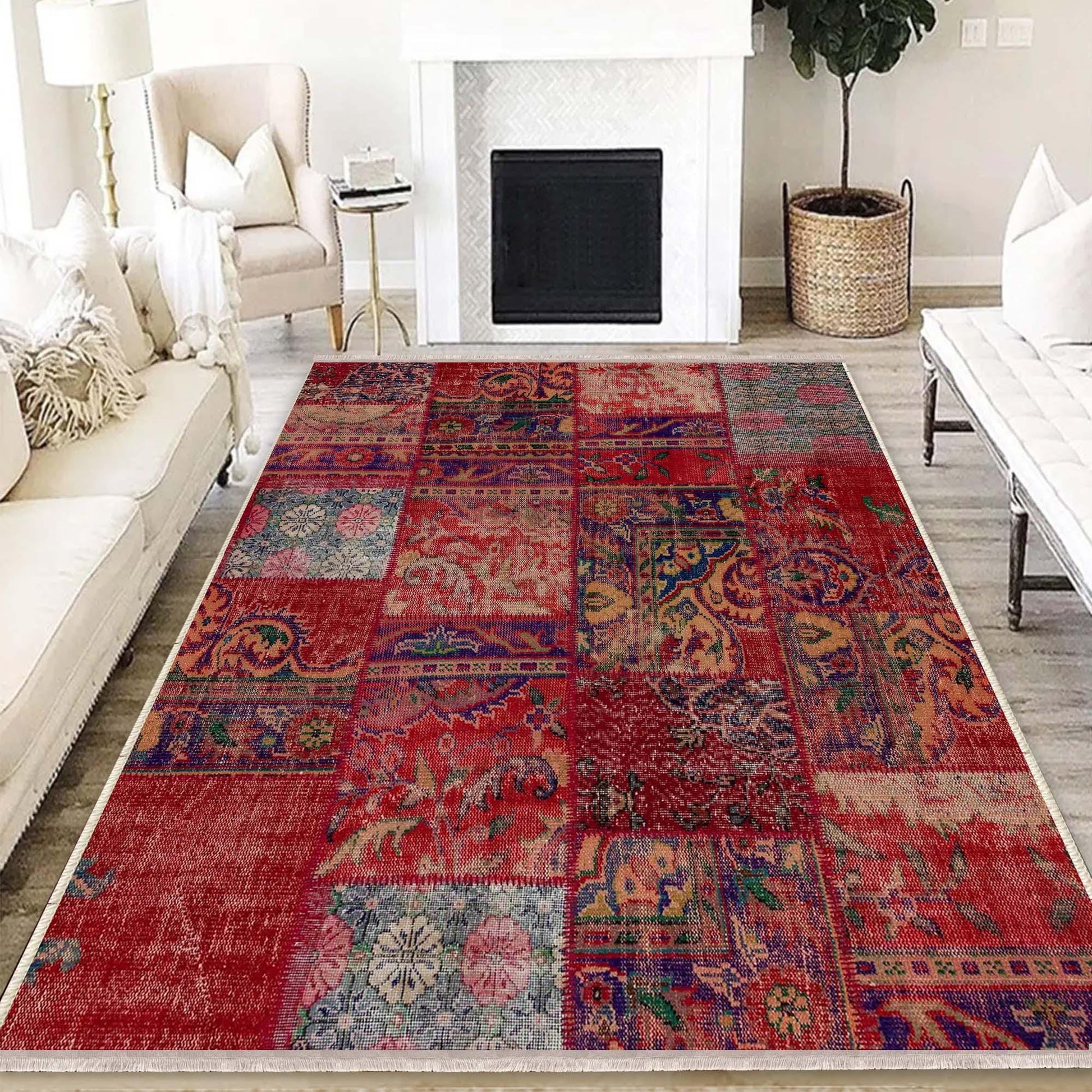 Burgundy Red Patchwork Design Kilim Area Rug Runner, Boho Accent Carpet, Unique Room Mat, Washable Anti-Slip Rug with pillow case gift