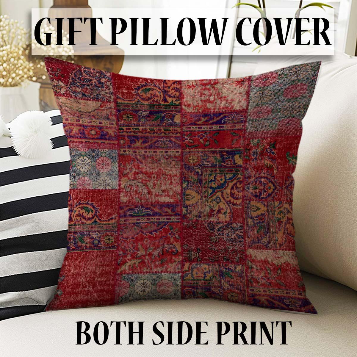 Burgundy Red Patchwork Design Kilim Area Rug Runner, Boho Accent Carpet, Unique Room Mat, Washable Anti-Slip Rug with pillow case gift