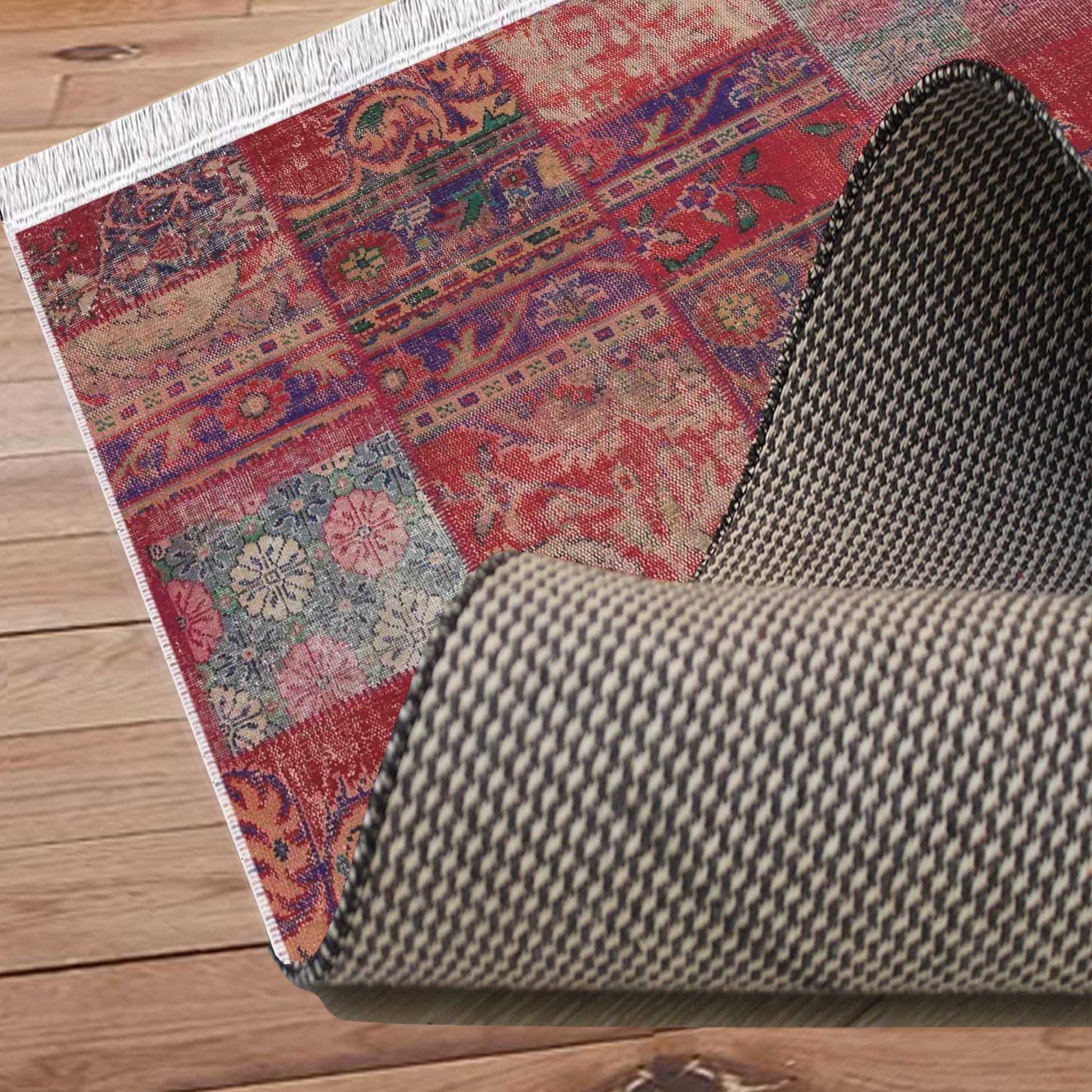 Burgundy Red Patchwork Design Kilim Area Rug Runner, Boho Accent Carpet, Unique Room Mat, Washable Anti-Slip Rug with pillow case gift